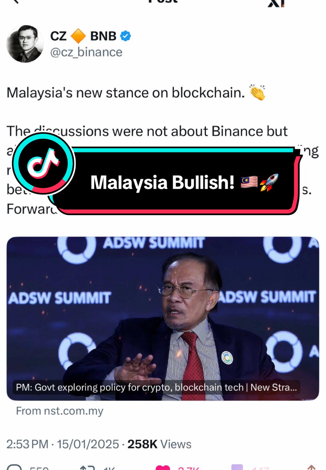 Malaysia Boleh!!! 🇲🇾🇲🇾🇲🇾 Tahniah PMX kita, Dato Sri Anwar Ibrahim bullish dekat teknologi Blockchain! 👏🏻😃 Akan datang, industri blockchain & kripto akan mula rancak serta dapat perhatian dari syarikat2 local & juga rakyat Malaysia! Stay tuned gaisss! 🚀 #cryptotrading #cryptocurrency #bitcoin #btc #ethereum #xrp #bullrun #altcoin #memecoin #cryptonews #fyp #anwaribrahim 