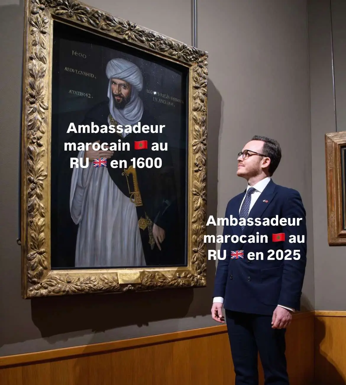 L’actuel Ambassadeur du Maroc au Royaume-Uni, Hakim Hajoui admirant le portrait de l’homme qui occupait le même poste que lui il y’a plus de 400 ans. #maroc #🇲🇦 #ambassadeur #royaumeuni #morocco #morocco🇲🇦 #marocaine🇲🇦 #marocain #pourtoi #fyp 