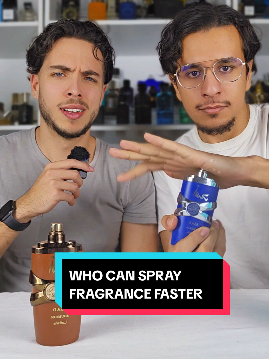 Speed spraying fragrances should be a sport, who won? 🥱 #fragrancetiktok #perfumetok #fragrance #jpg #asmr #battle #cologne #lattafa #mensfragrance #lemale 