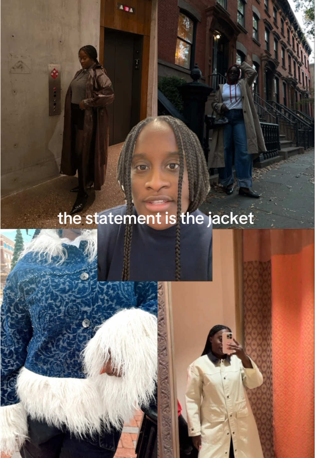 The statement is the jacket. Having your B3’s that you can center around a statement piece like a jacket makes for simple outfit planning.  #styletips #styleinspiration #whattowear #trenchcoat #furjacket #leather #midsizefashion #midsizestyle #howtowear 