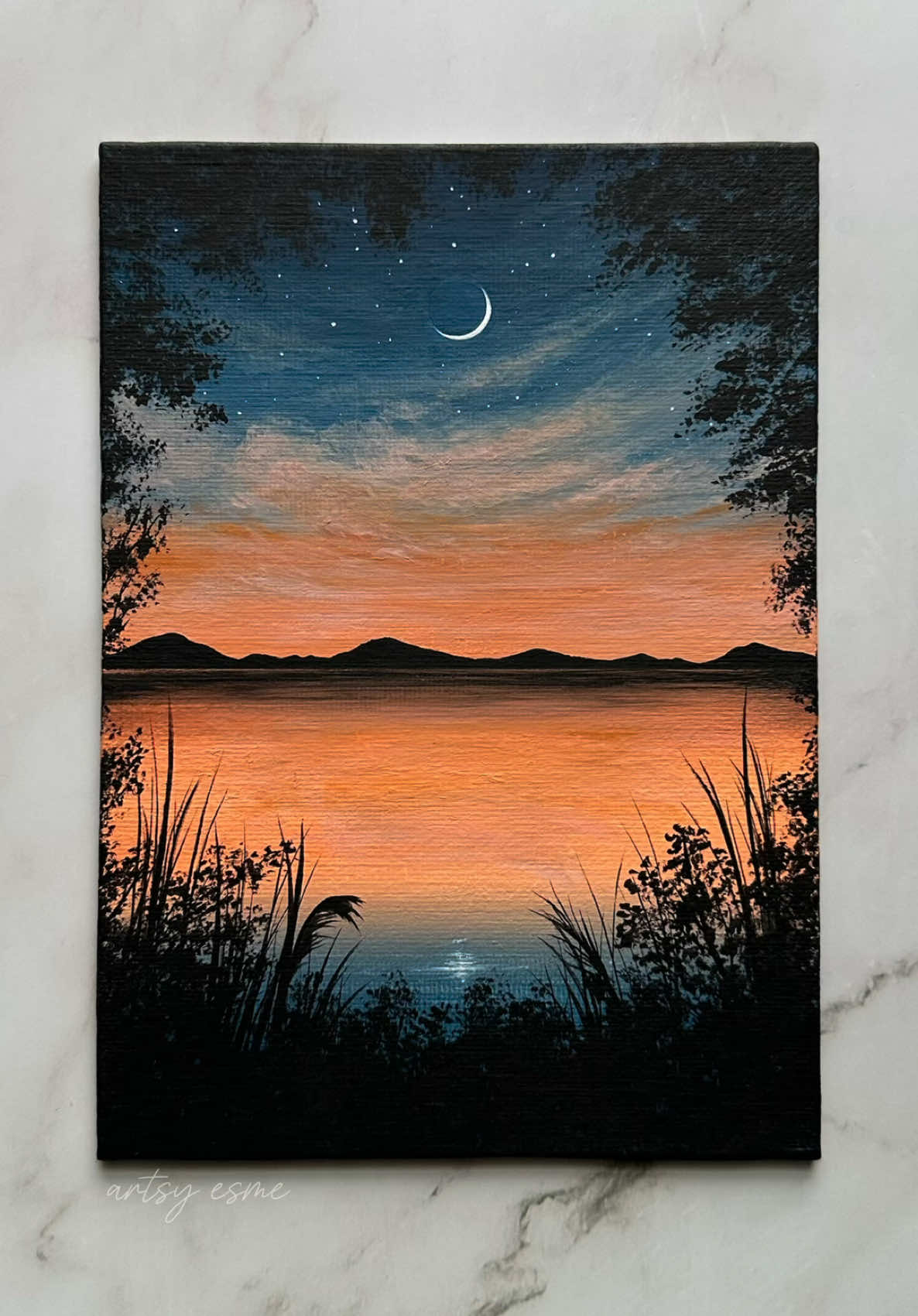 peaceful crescent 🌒🧡✨ make sure to follow me on my other socials if you aren’t already just in case i won’t see you guys on here anymore 🥲 all of my socials (instagram, youtube, patreon, etc) are linked in my bio!  as always, thank you sooo much for your support! 🤍 🎨: navy blue, coral pink, neon pink, orange, titanium white, black #art #painting #acrylicpainting #arttok #fyp 