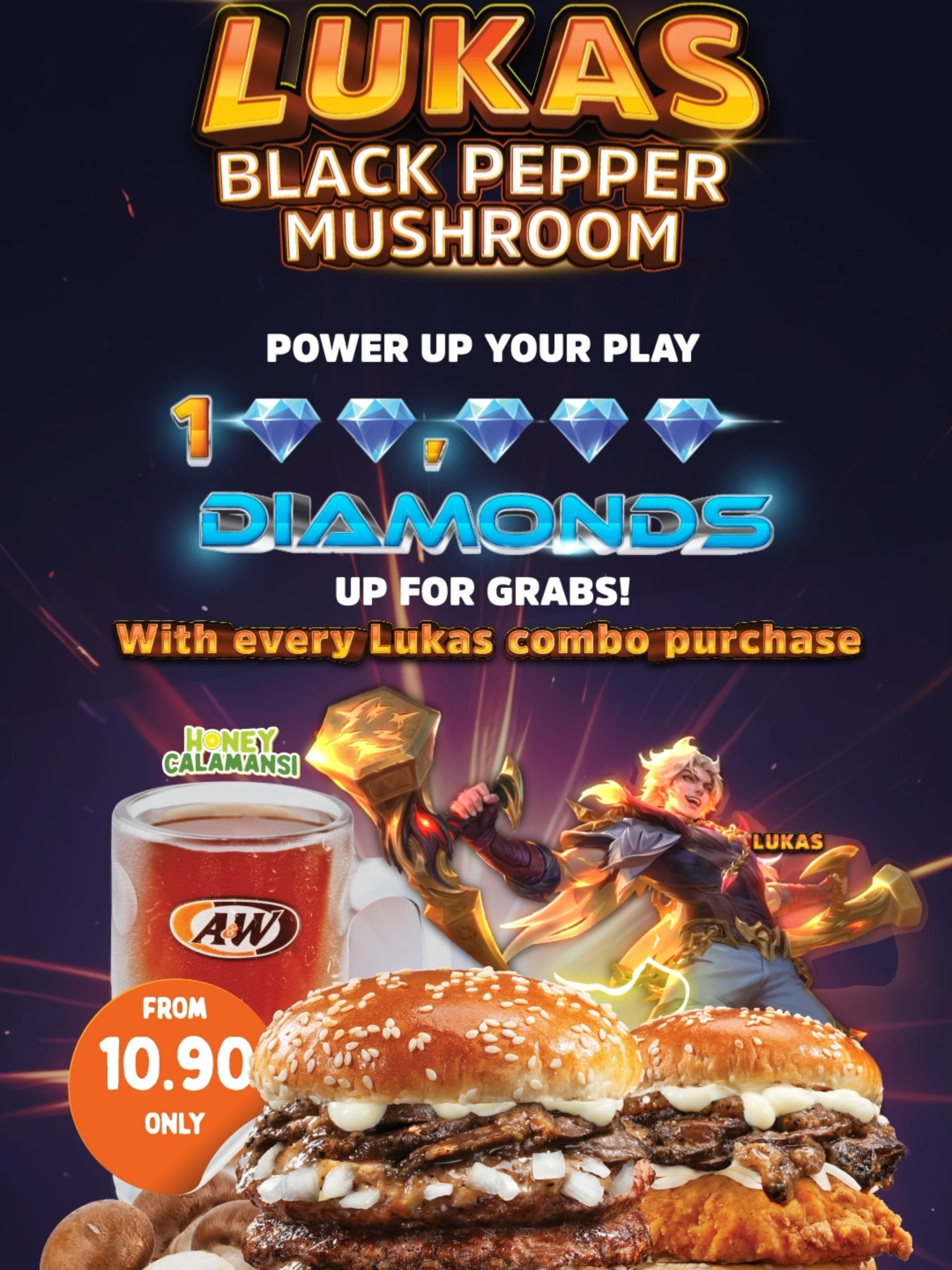 𝟭𝟬𝟬,𝟬𝟬𝟬 💎 up for grabs to power up your MLBB journey!  We've teamed up with MLBB to bring you the ultimate 𝗟𝘂𝗸𝗮𝘀 𝗕𝗹𝗮𝗰𝗸 𝗣𝗲𝗽𝗽𝗲𝗿 𝗠𝘂𝘀𝗵𝗿𝗼𝗼𝗺 Burger!  But that's not all – you could 𝗪𝗜𝗡 𝘂𝗽 𝘁𝗼 𝟭𝟬𝟬,𝟬𝟬𝟬 💎 and level up your game! Here’s how to join the contest:  1. Buy any Lukas Black Pepper Mushroom Combo at A&W (Lite Combo not included).  2. Tap in the in our bio and fill out the Google Form 3. Upload your purchase receipt.  4. 15 lucky weekly winners will score 1,000 💎 each! 🔥 The battlefield awaits! Fuel up with the Lukas Black Pepper Mushroom Burger, power up your gameplay, and grab those diamonds! 📍 Find the Lukas Black Pepper Mushroom Burger at your nearest A&W outlet now! #anwmalaysia #anwmalaysiaXMLBB