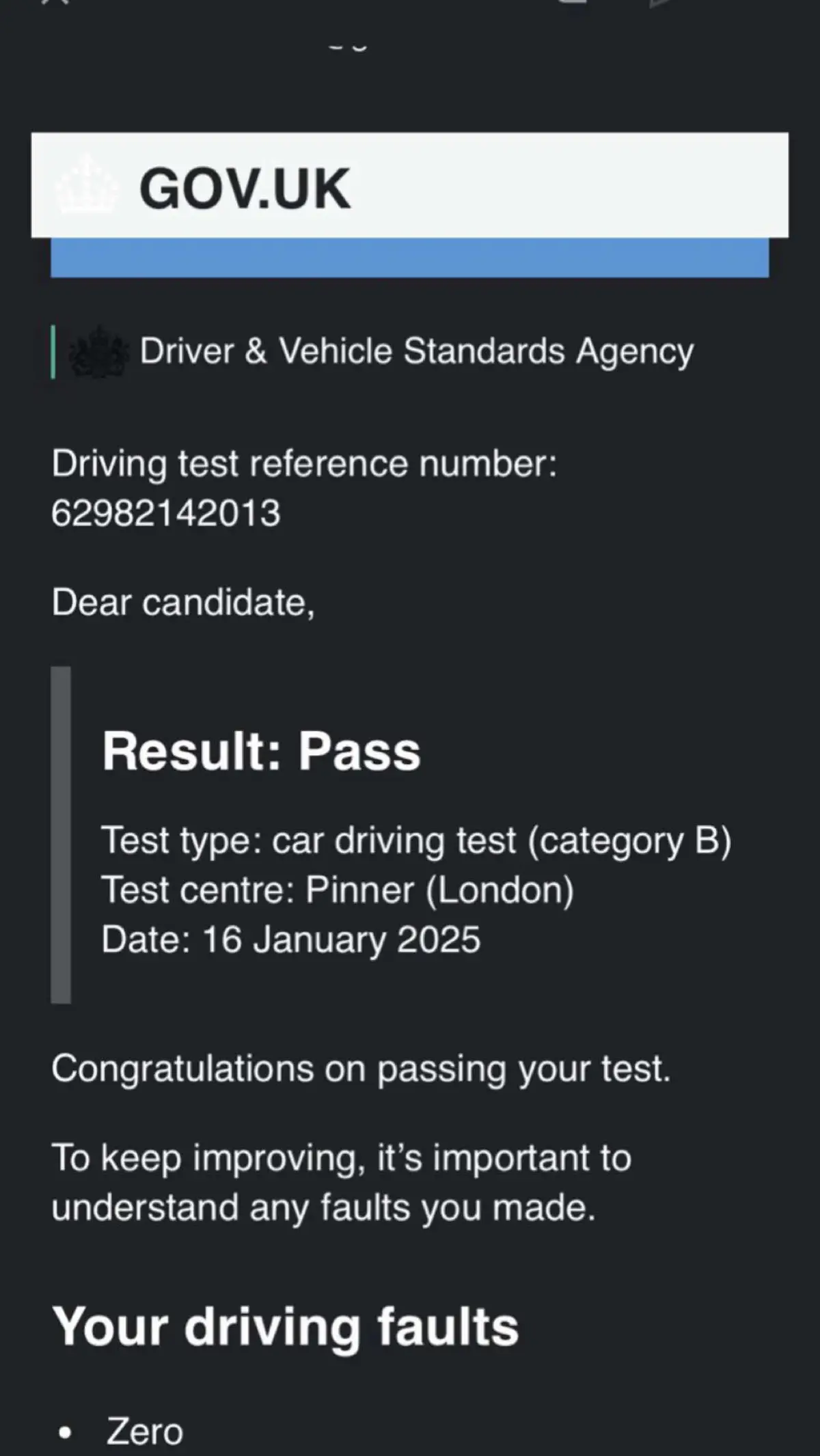 Congratulations, Mr. Hafiz Abaidullah, on passing your driving test today at Pinner DTC with 0 faults! 👊👍 What an incredible achievement! ⭐️ Driving with zero faults is no small feat and truly speaks to your skill and dedication. All the best for the future. Stay safe, and see you on the roads.