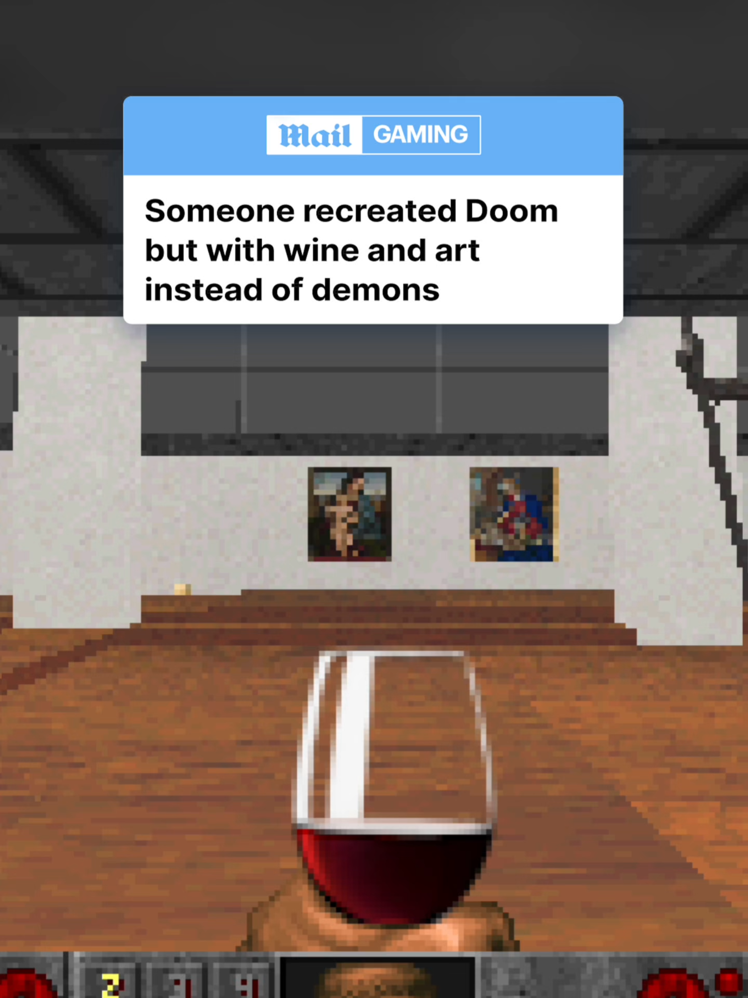 Doom: The Gallery Experience is a free parody game available on itch.io, created by Filippo Meozzi and Liam Stone.  You play as Doomguy, but in this world, he’s exploring an art gallery with exhibitions from various cultures all while sipping wine.  Players can collect money, shop, and even snack to fill their cheese meter.  Built as a student project, it recreates the iconic E1M1 level, complete with links to learn more about the art.  #doom #artgallery #gaming #pcgaming #doomguy