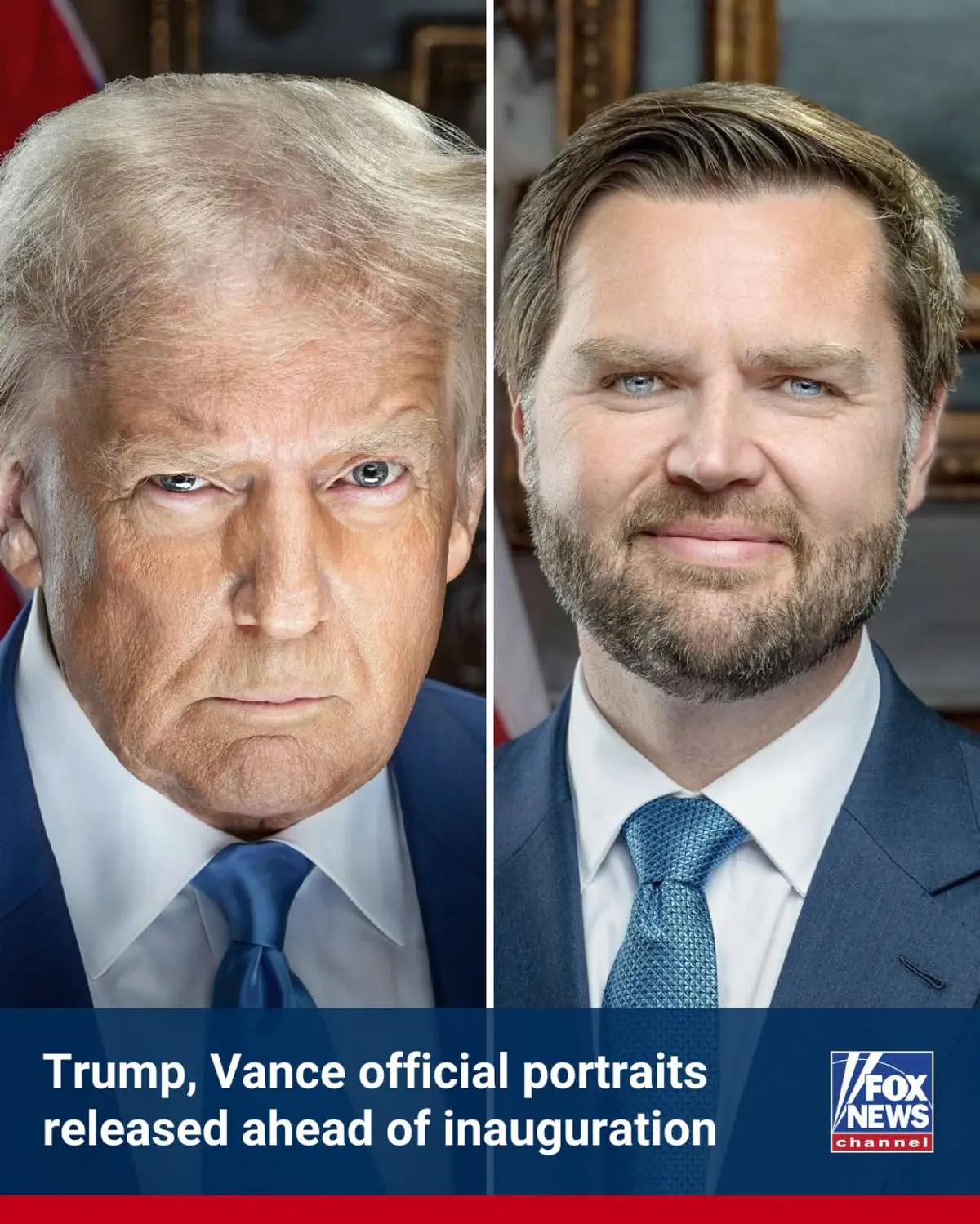 The Trump-Vance Transition Team unveiled the administration's official portraits of President-elect Donald Trump and Vice President-elect JD Vance, just four days ahead of the inauguration.