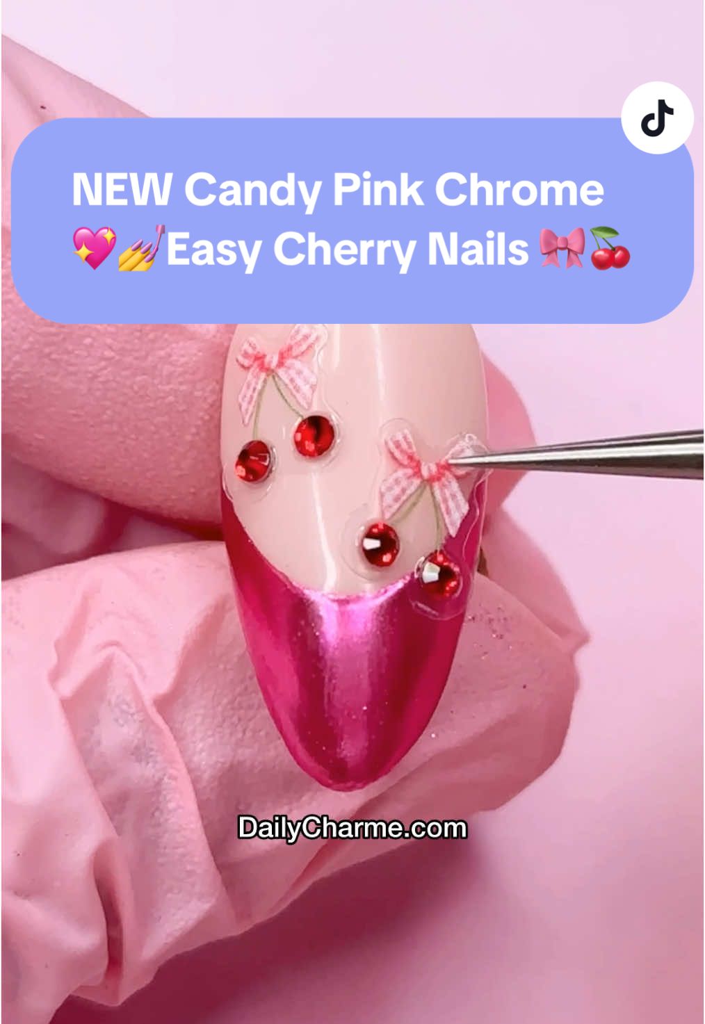 💖 𝗡𝗘𝗪 💖  𝗖𝗮𝗻𝗱𝘆 𝗣𝗶𝗻𝗸 𝗖𝗵𝗿𝗼𝗺𝗲 🩷🎀🍒 Sweet & chic cherry easy nail art tutorial—perfect for Valentine’s Day  💅 Everything used for this look is from the brand Daily Charme & is listed below. All goodies are available now in our TikTok shop or via the 🔗 in bi0 💖 ✨NEW✨Candy Pink Chrome is here to make your nails as beautiful as you are —perfect for anyone who loves pink 🩷 ✨ Save & share to inspire your next mani! Using @daily_charme: • 311 Rose Claire • Candy Pink Chrome (NEW) • Chrome Effect Gel • Coquette Cherry Valentine Bejeweled Nail Sticker • Pink Nail Art Tweezer • 5-in-1 Strengthening Gel • Diamond Shine Top Coat (HEMA FREE) • Almond Medium Clear CG Extension Tips #candypinknails #chromenailart #valentinesdaynails #cherrynails #pinknailtutorial #dailycharme #gelnailart #chromeeffect #nailtutorial2025 #diyvalentinesnails #trendynails #romanticnails #easynailart #nailartideas #nailinspo 