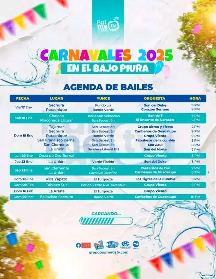 🔴🟢🟡🔵|| AGENDA "CARNAVALES 2025 EN EL BAJO PIURA" Seguimos actualizando la agenda de los mejores bailes sociales que se celebrarán en el Bajo Piura durante estos Carnavales 2025. ¿Tienes información sobre algún evento que no hemos incluido? Compártelo con nosotros en los comentarios y lo sumamos a nuestra lista. 🥳 ¡Somos Palmeras TV, la señal del Altísimo! #PalmerasTV #BajoPiura