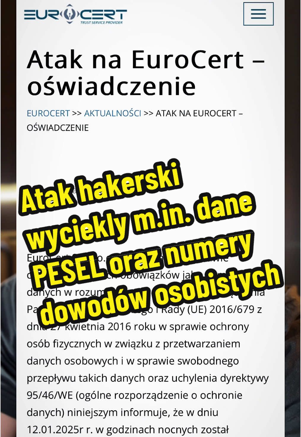 Atak hakerski na firmę Eurocert świadczącą usługi podpisu kwalifikowanego dla Polaków. Wyciekły między innymi dane takie jak numery PESEL oraz numery dowodów osobistych. Zaleca się zastrzeżenie numery PESEL w aplikacji mObywatel. #mobywatel #atakhakerski #podpiskwalifikowanh