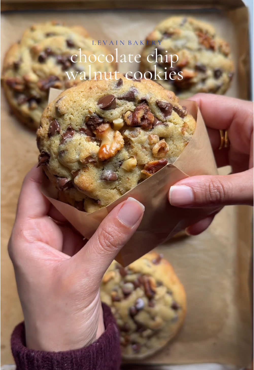 Levain Chocolate Walnut Cookie 🍪  Yield:Approximately 8-10 large cookies Ingredients: 2 1/4 cups (313g) all-purpose flour 1 ½ teaspoons baking powder 1 teaspoon baking soda 1 teaspoon cornstarch 3/4 cup (150g) dark brown sugar 1/4 cup (50g) granulated sugar 2 cold eggs 2 teaspoons vanilla extract 1 cup (225g) unsalted butter, slightly softened Pinch of salt 2 cups (250g) semi-sweet chocolate chips 1 1/2 cups (190g) roasted walnuts, chopped Instructions: 1. Preheat the oven to 350°F (180°C). Line a baking sheet with parchment paper. 2. In a medium bowl, whisk together flour, baking powder, baking soda, and cornstarch. Set aside. 3. In a large bowl, use an electric mixer to cream together brown sugar, granulated sugar, and butter until light and fluffy. 4. Beat in eggs one at a time, followed by vanilla extract. For 3-4 minutes until the batter turns pale in color and the sugar is well incorporated. 5. Gradually mix in the dry ingredients (flour mixture) until just combined, being careful not to overmix. 6. Stir in chocolate chips and walnuts. 7. Scoop 2 tablespoon-sized balls of dough onto the prepared baking sheet, leaving about 4 inches of space between each cookie. Top it with more chocolate chips and walnuts. 8. Bake for 13-16 minutes or until the edges are lightly golden brown. 9. Remove from the oven and let cool on the baking sheet for 5 minutes before transferring to a wire rack to cool completely. #cookie #chocolatechip #chocolatechipcookies #levainbakerycookies #levainbakery #baking 