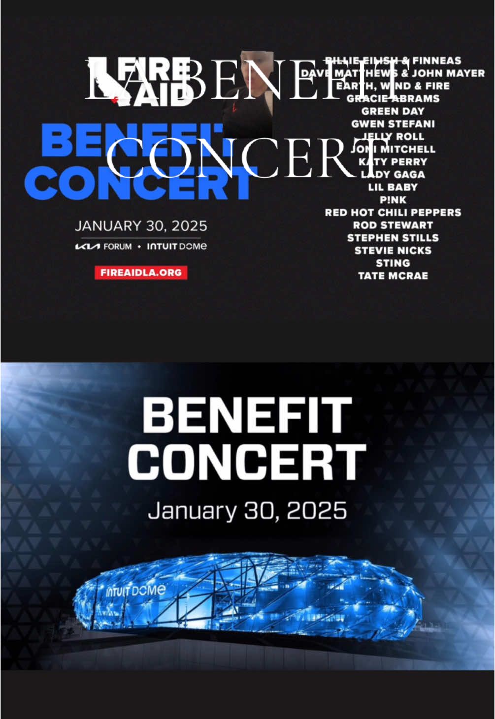 Star studded lineup for the Fire Aid Benefit Concert in LA on January 30. Billie Eilish, Tate McRae, Red Hit Chili Peppers and many more set to perform. #losangeles #lafire #laconcert 