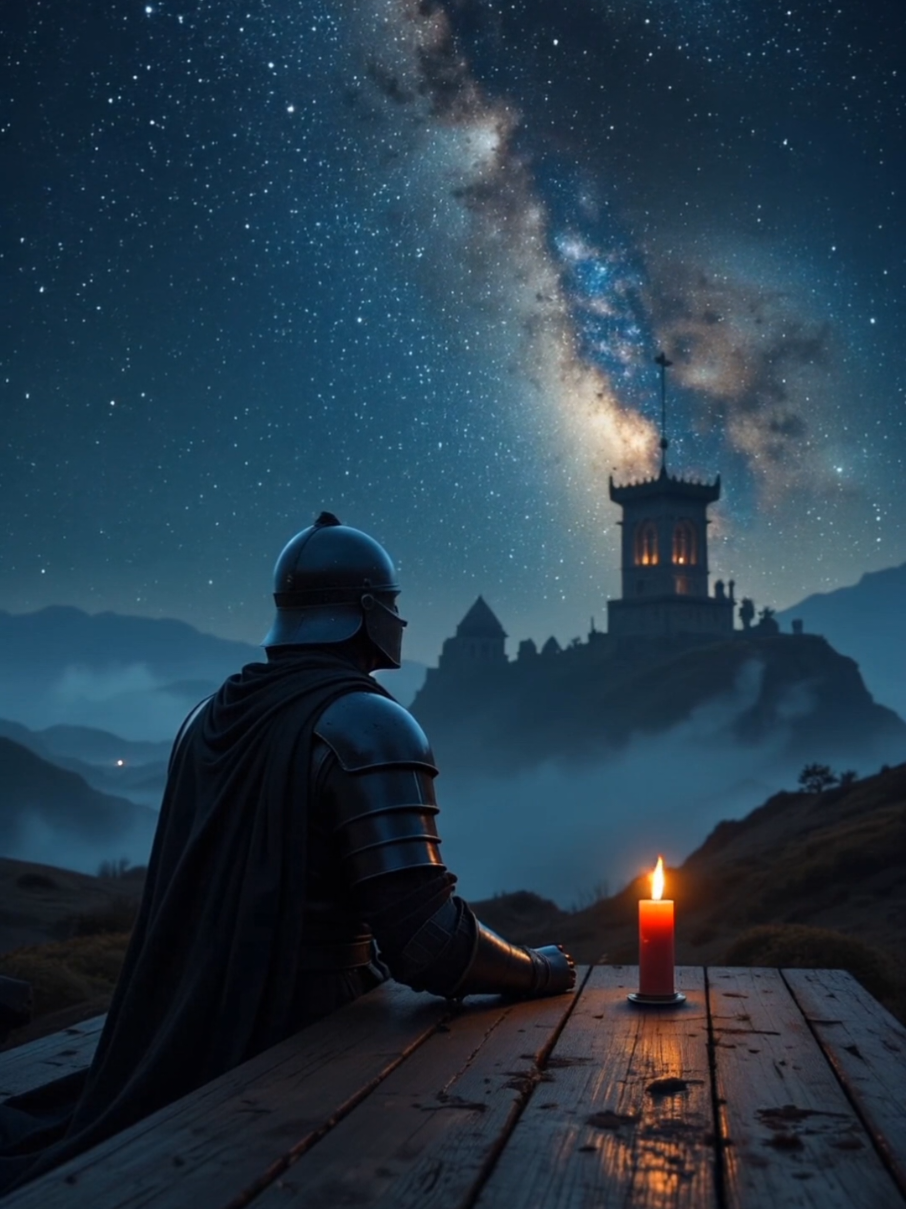 The knight sits in silence, watching the stars as the candle slowly fades... 🔥✨ #darkfantasy #darkfantasyaesthetic #darkfantasywallpaper #wallpaper #wallpapers #fantasy #darkknight 