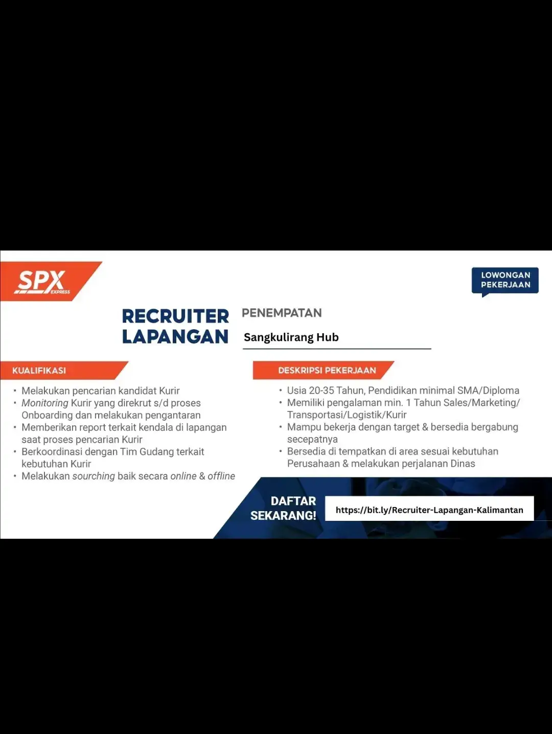 SPX Xpress sedang mencari talenta-talenta terbaik untuk bergabung di SPX Xpress. Saat ini kami sedang mencari untuk posisi Recruiter Lapangan untuk penempatan di: Sangatta Sambutan Barong Tongkok Tanjung Redeb Penajam Long ikis Nunukan Sungai Kunjang Tanjung Selor Malinau Sangkulirang Palaran Recruiter Lapangan - SPX Express Deskripsi pekerjaan: Melakukan pencarian kandidat kurir Monitoring kurir yang di rekrut sampai dengan proses Onboarding dan melakukan pengantaran Memberikan report terkait kendala di lapangan saat proses pencarian kurir Berkoordinasi dengan Team Gudang terkait kebutuhan Kurir Melakukan sourching baik secara online maupun ofline Persyaratan: Pendidikan minimal SMA / Diploma Usia 20-35 Tahun Mampu bekerja dengan target Memiliki pengalaman minimal 1 Tahun di dunia Sales / Marketing / Transportasi / Logistik / Kurir Bersedia bergabung secepatnya Bersedia di tempatkan di area sesuai dengan kebutuhan Perusahaan Bersedia melakukan perjalanan Dinas Interested in joining our team? Send your CV through this link: https://lnkd.in/gYT3F4Tu #lifeatshopee  #ShoopeelD  #lokerkalimantan  #lokerkutaibarat  #ShopeelsHiring  #shopeeexpress 