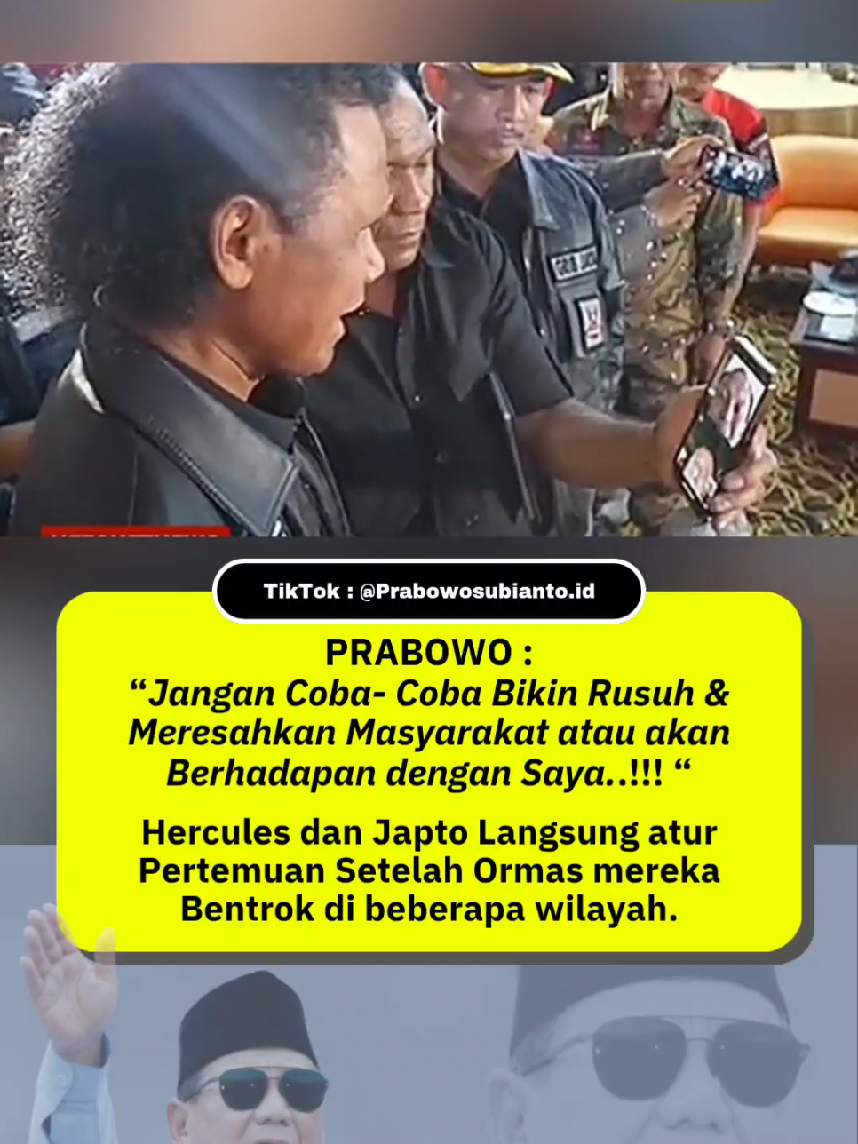 Pasca Bentrok Ormas dibeberapa wilayah, dan terakhir di Kota Bandung, membuat masyarakat resah sekaligus Geram karena kondisi yang dinilai tidak aman saat berkegiatan. Jauh Hari sebelumnya Presiden Prabowo sudah mengingatkan kepada semua Pihak untuk tidak coba coba melakukan tindakan anarkis maupun tindak pidana lainnya apalagi jika sampai merugikan rakyat, Presiden Prabowo tidak akan segan segan menindak tegas pelanggaran tersebut. semoga dengan terjadinya komunikasi yang baik di antara pimpinan Ormas ,akan membuat suasana kembali tertib dan kondusif. dan Masyarakat bisa berkegiatan tanpa merasa terganggu. #prabowosubianto #gibranrakabuming #prabowo #gibran #hercules #japtosoerjosoemarno 