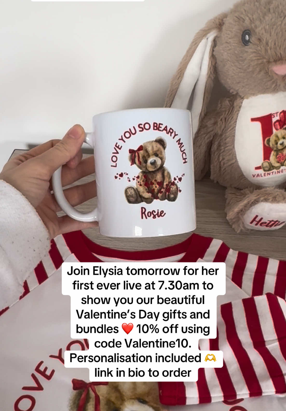 Join Elysia tomorrow live at 7.30am to show you our beautiful Valentine’s Day gifts and bundles ❤️ 10% off using code Valentine10. Personalisation included 🫶❤️link in bio #fyp #createmygiftbox #viraltiktokvideo #valentinesgift #valentinescollection #valentinesbunny #valentinespjs 