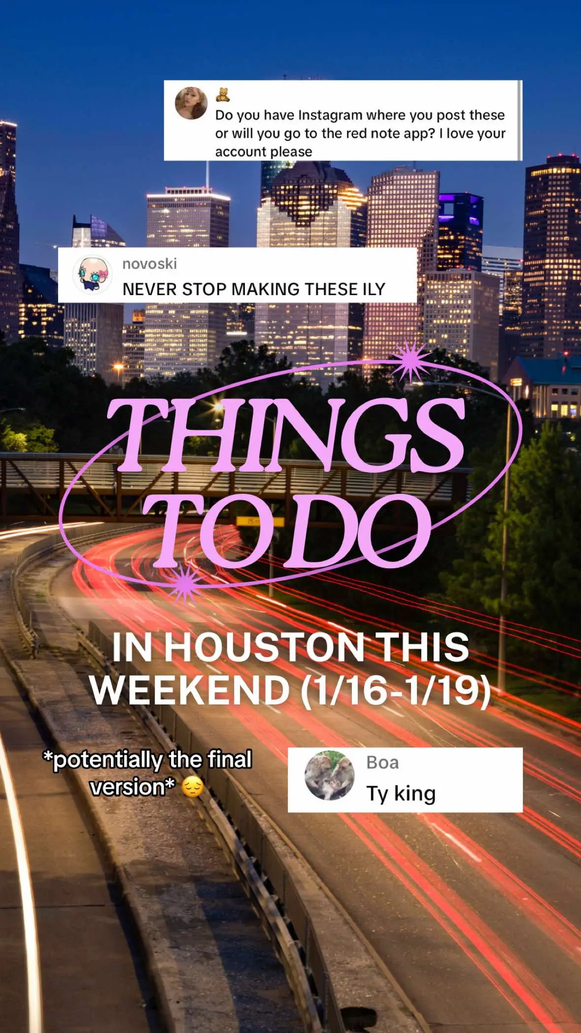 Here’s a list of things to do this weekend before it gets unbearably cold next week 🥶 stay warm! I hope you all enjoyed this things to do in Houston series I’ve been running the last few months! Let me know if I missed any events this weekend. #houstontx #eventsinhouston #thingstodoinhouston #houstonitinerary #foodfestival 