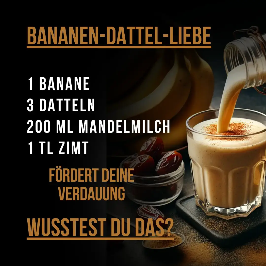 Lust auf mehr köstliche und gesunde Rezepte? Folge mir für deine tägliche Portion Inspiration! Rezept und Zubereitung: Zutaten: 1 Banane 3 Datteln (entsteint) 200 ml Mandelmilch 1 TL Zimt Zubereitung: 1. Banane und Datteln in grobe Stücke schneiden. 2. Alle Zutaten in einen Mixer geben. 3. Mixen, bis die Konsistenz cremig und gleichmäßig ist. 4. In ein Glas füllen und genießen! Entdecke den perfekten Start in den Tag mit diesem Smoothie aus Banane, Datteln und Mandelmilch. Süß, cremig und vollgepackt mit natürlicher Energie – ideal für deine Gesundheit! 🌱✨ #SmoothieRezept #VeganeEnergie #BananeDattelPower Teile dieses Rezept mit deinen Liebsten, die gesund, aber trotzdem süß genießen möchten! 🍌💛 Perfekt für jeden, der gesunde Energie tanken will. #GesundGenießen #VeganFürAlle #SmoothieLust #HealthyVibes #SmoothieGoals