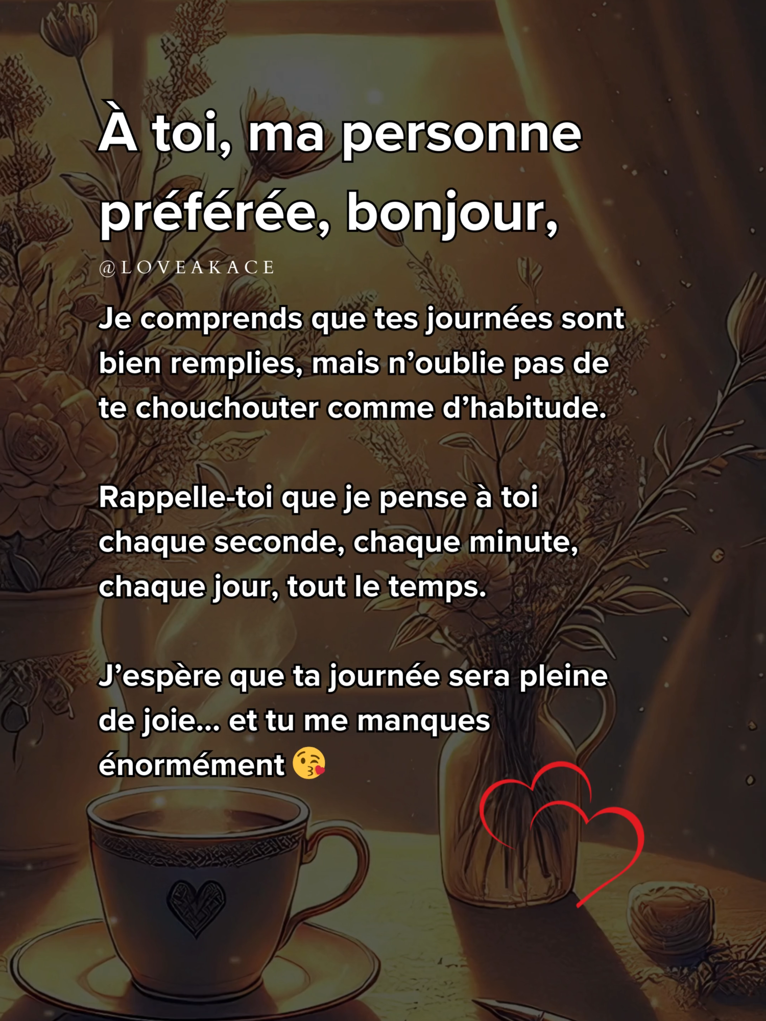 À toi, ma personne préférée, bonjour, Je comprends que tes journées sont bien remplies, mais n’oublie pas de te chouchouter comme d’habitude ❤️ . . #motsdamour #messagedamour #textedamour #declarationdamour #promessedamour #amourinfini #amoureternel #jetaime #monamour #monhomme #mavie #amoureux #amoureuse #amourinconditionnel #loveakace #akace #akacesylso