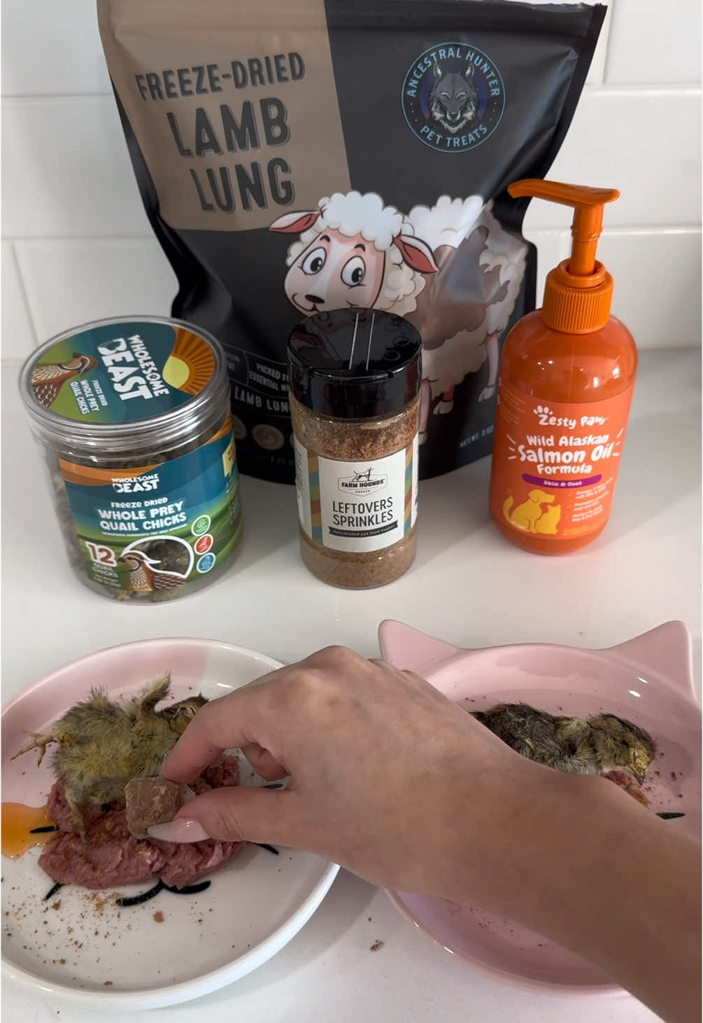 Let's feed my cats 🐱✨ -@Viva Raw Rabbit -@Zesty Paws Salmon Oil -@farmhoundstreats Leftovers Sprinkles  -@Ancestral Hunter Pet Treats Quail Chicks & Lamb Lung  