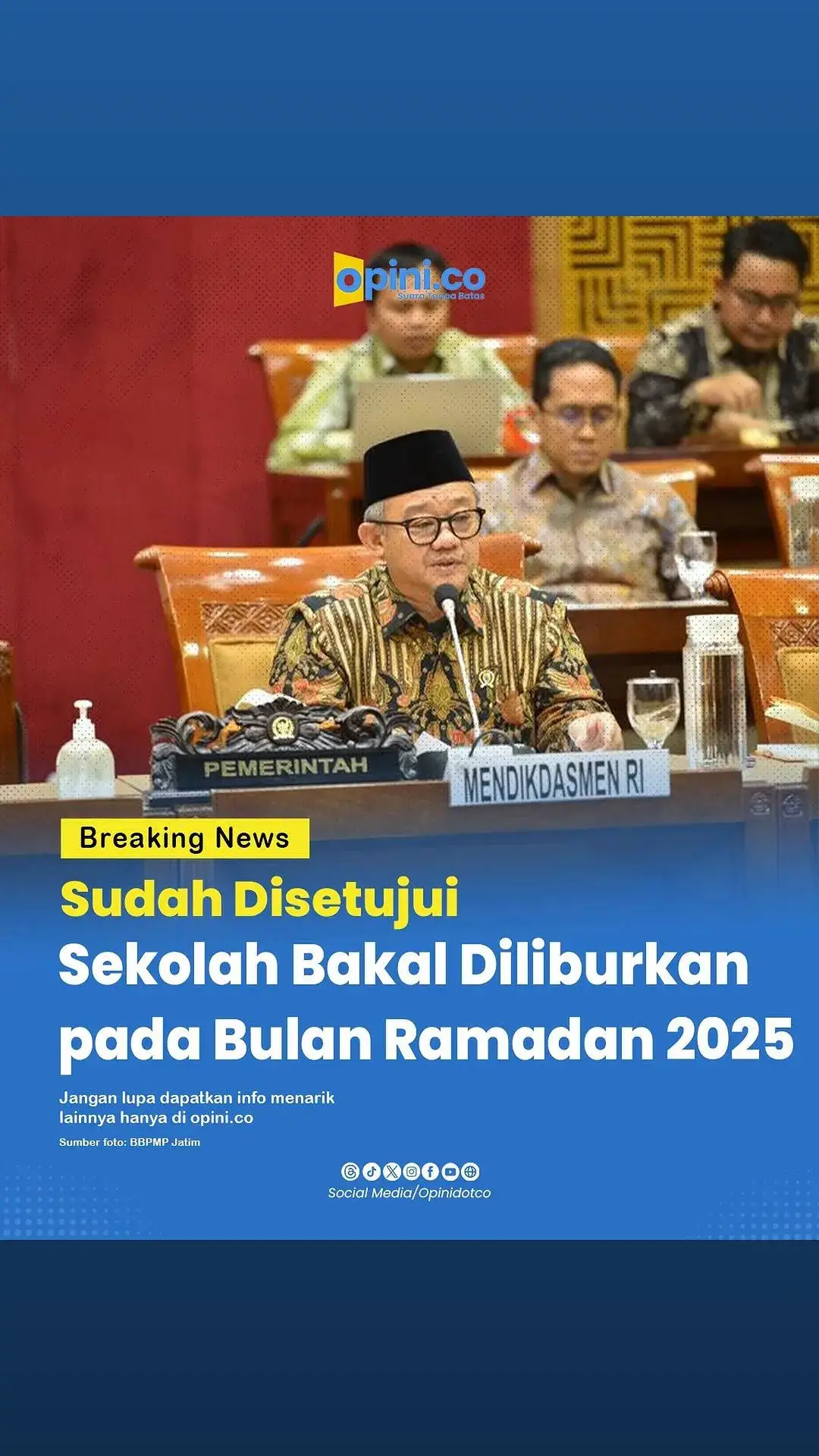 Keputusan terkait libur sekolah selama Ramadan 2025 telah disepakati dalam rapat lintas kementerian. Menteri Pendidikan Dasar dan Menengah (Mendikdasmen) Abdul Mu'ti menyampaikan, pengumuman resmi akan dilakukan setelah Surat Edaran (SE) bersama diterbitkan oleh Kementerian Pendidikan Dasar dan Menengah, Kementerian Agama, serta Kementerian Dalam Negeri. 