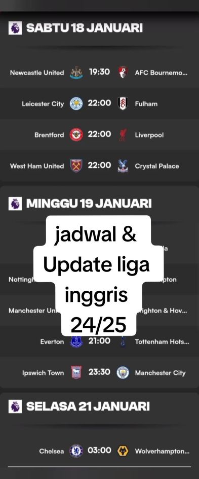 jadwal liga inggris malam ini |   liga inggris 24/25 | pekan 22 #fyp #football #footballtiktok #Soccer #soccertiktok #PremierLeague #foryoupage #arsenal #AstonVilla #bournemouth #brentford #brighton #chelseafc #CrystalPalace #Everton #Fulham #ipswichtown  #LeicesterCity #Liverpool #ManchesterCity  #ManchesterUnited #NewcastleUnited  #Nottingham #Southampton #Tottenham #WestHamUnited #wolverhamptonwanderers @teman 