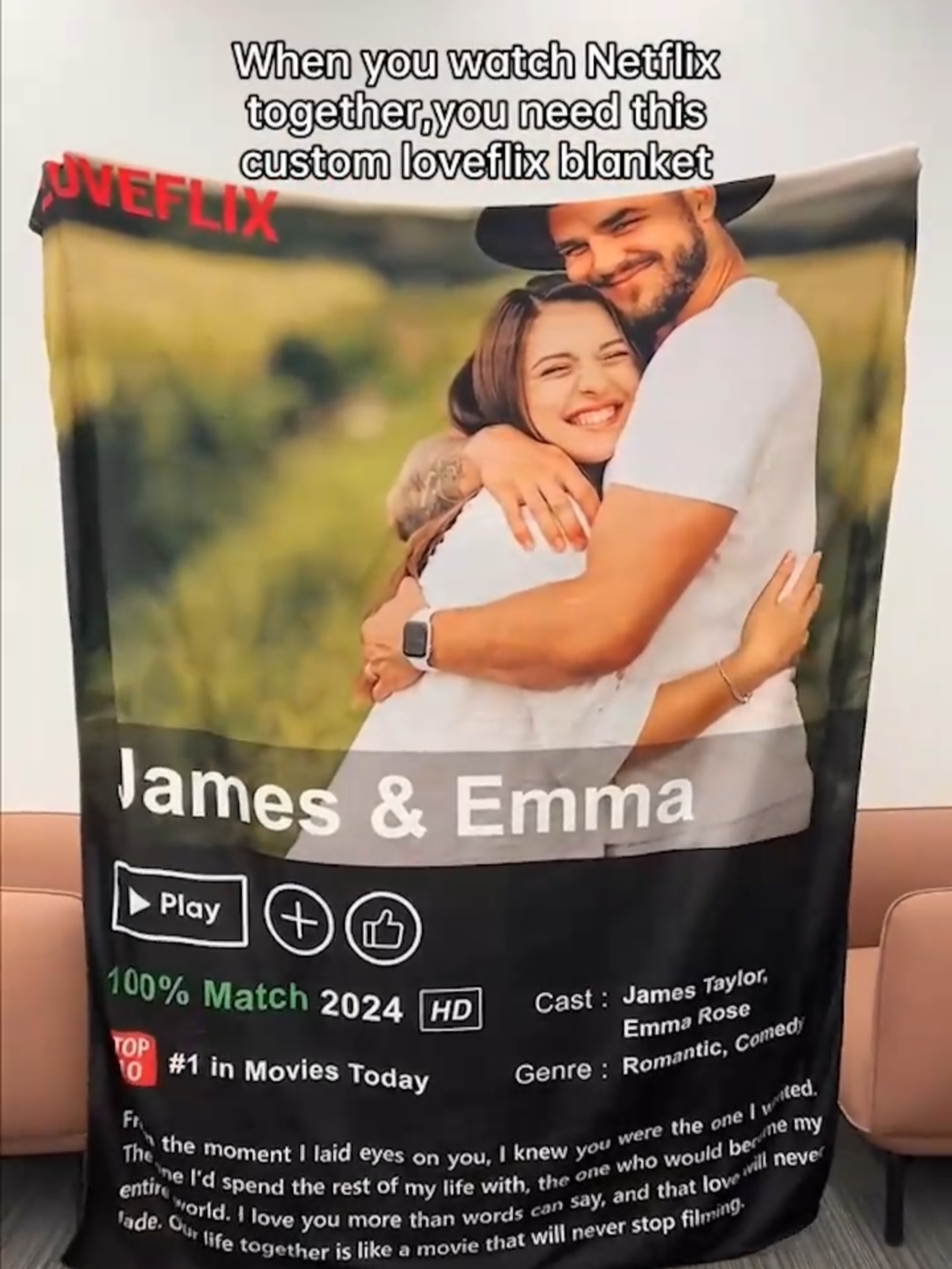 50% OFF⭐️Custom LOVEFLIX Movie Photo Blanket with Your Love Story❤️Wrap in love and memories!