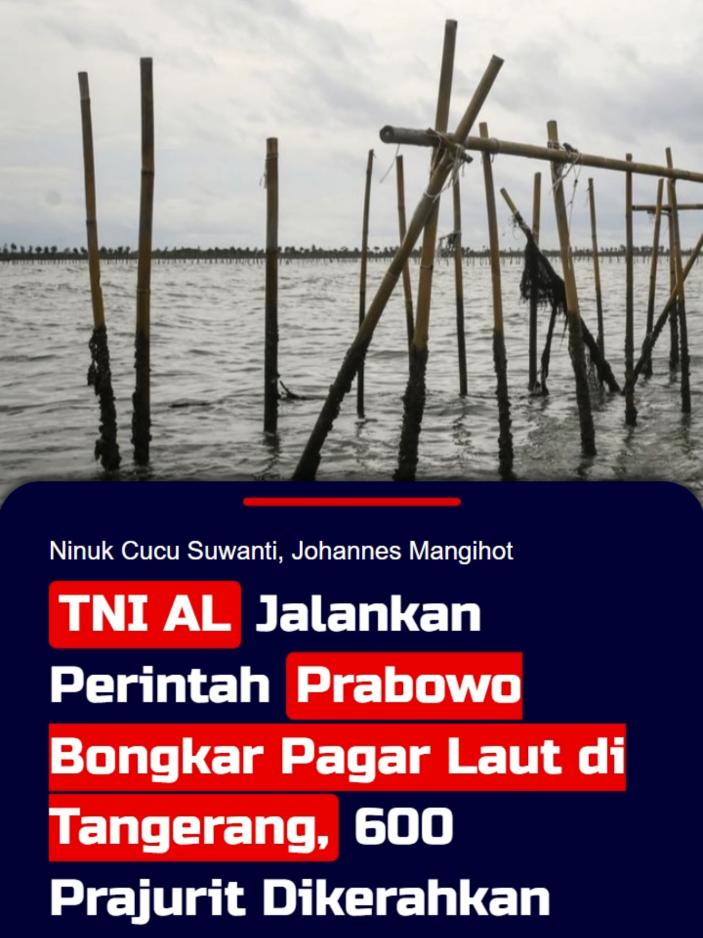 TNI AL Jalankan Perintah Prabowo Bongkar Pagar Laut di Tangerang, 600 Prajurit Dikerahkan TNI Angkatan Laut membongkar pagar laut yang terbentang di perairan Tanjung Pasir, Kabupaten Tangerang, Banten, Sabtu (18/1/2025). Dalam pelaksanaannya, sebanyak 600 prajurit TNI AL dikerahkan untuk membongkar pagar laut berbahan batang bambu sepanjang 30 kilometer itu. Selain unsur militer, pembongkaran juga melibatkan warga. Komandan Lantamal III Brigjen TNI (Mar) Harry Indarto menjelaskan pembongkaran pagar bambu di perairan Tanjung Pasir ini merupakan perintah Presiden Prabowo Subianto kepada Kepala Staf Angkatan Laut (KSAL) Muhammad Ali untuk memudahkan akses nelayan.  Perintah Presiden Prabowo ini berangkat dari keluhan nelayan mengenai pemagaran laut yang mengganggu akses mereka saat mencari tangkapan. Sebagai target awal, Harry menyampaikan kekuatan personelnya bisa membongkar pagar laut sepanjang 2 Kilometer. Sahabat KompasTV juga bisa memperoleh informasi terkini melalui website www.kompas.tv. #pagarlaut #tangerang #pagarbambu #pagartangerang #tnial #marinir #pagarlauttangerang