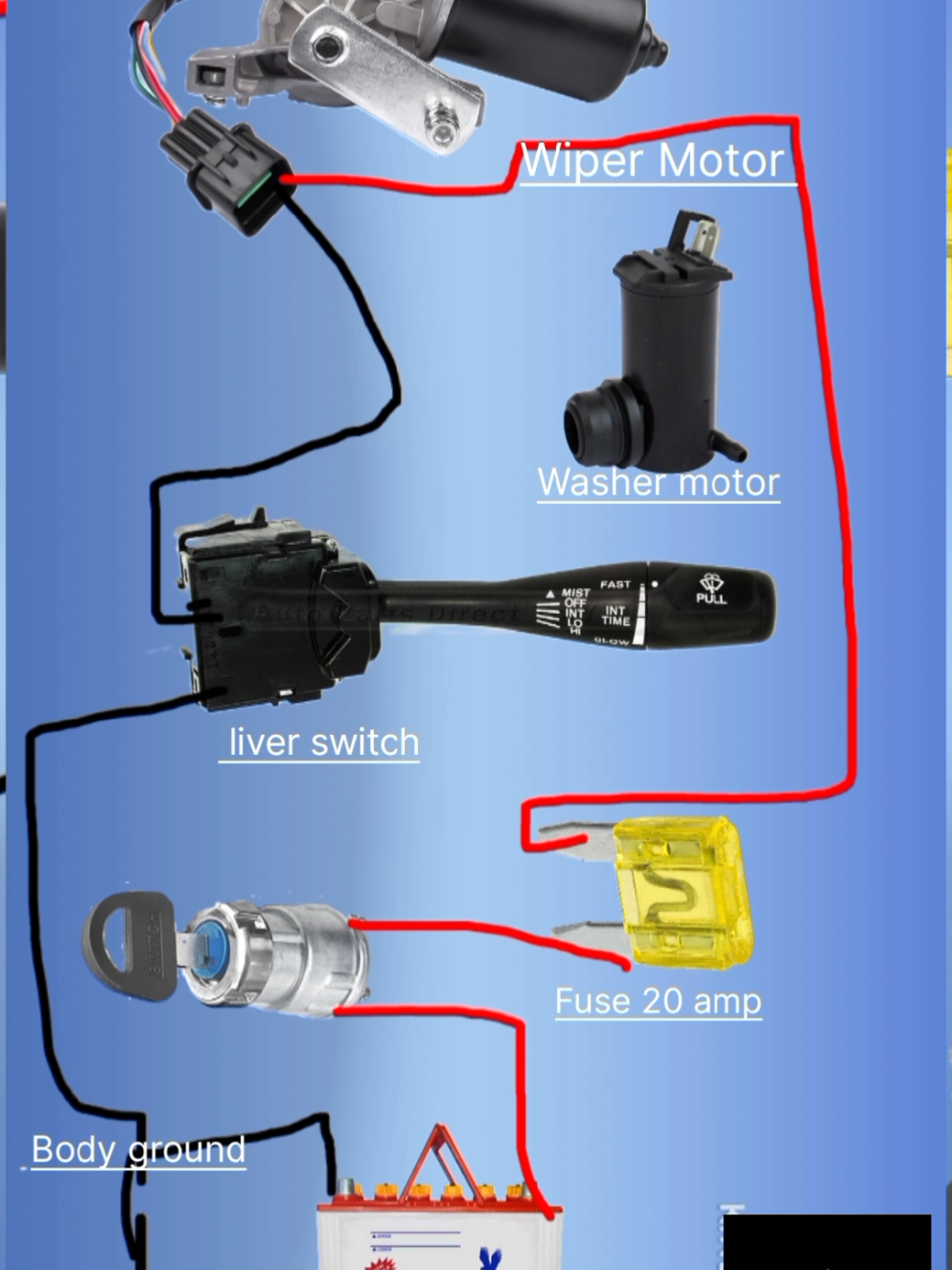 Car Wiper motor and Washer motor connection diagram 