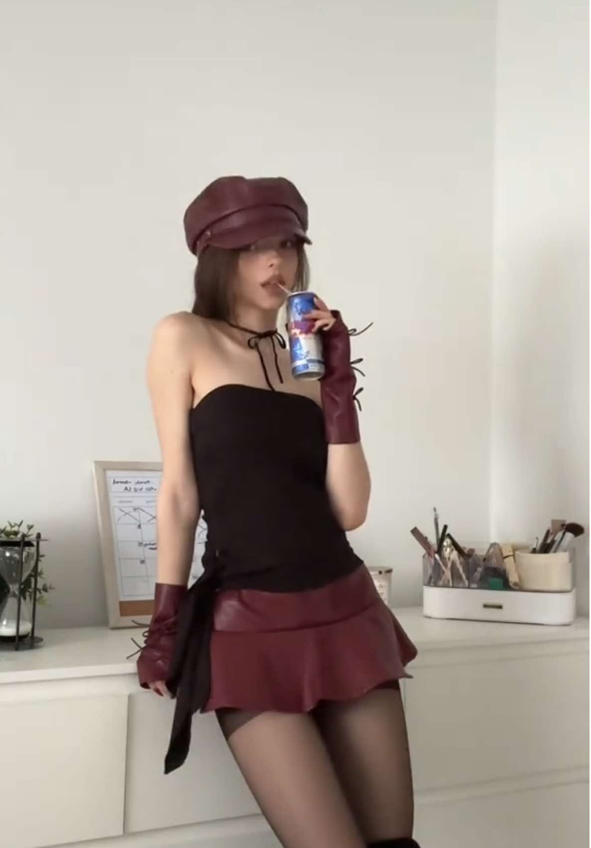 fit inspo @FashionNova                                        1st: biker babe faux leather skort set -wine leather cap & gloves   2nd: play it cool distressed sweater & essential bandeau #fyp #foryoupage #outfit #inspo 