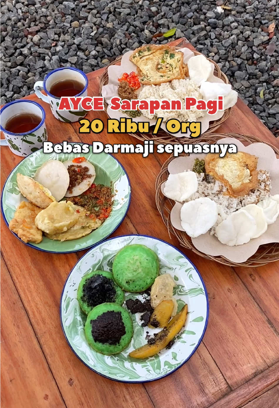 Sarapan Pagi All You Can Eat cuma 20 Ribu / org 😍 Bebas Darmaji dan bolak balik ngambil Sepuasnya selama 90 Menit 🥰  Yup sekarang di @darmaji.idn buka dari jam 7 Pagi - jam 11 Malam .  Menu AYCE nya beragam & khusus nasi serta Minuman Setiap harinya ganti ganti , Sampe ada minuman Jus , Cola , Kopi Dll  Kalo mau beli Take Away juga bisa Tp harganya normal di Satuan yah 🥰  Gas cobain dimana lagi ada AYCE Sorabi , Gorengan & Nasi kalo bukan di @darmaji_id   Lokasinya di 📍 jln Batara dekat Perempatan jln Batara & jln Peta - Kahuripan kota Tasikmalaya  #darmaji #aycegorengan #aycesorabi #kulinertasik #kulineranditasik #tasikmalaya #viral #fyp #herutasik #cafetasik #kuliner #wiskultasik #sarapanpagi #aycesarapanpagi #kulinertasikmalaya #darmajitasikmalaya #cafetasikmalaya #kulinerbandung #unper #unsil #bth #poltekestasikmalaya #stikesbthtasikmalaya #tasikpride #tasikpride🔥 #tasikpride🏴‍☠️ #tasikboys⚡️ #tasikgirls🏴‍☠️ 