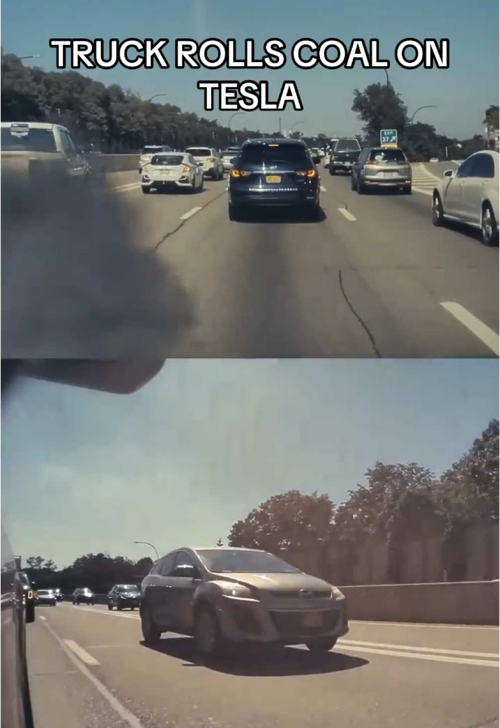 TRUCK ROLLS COAL ON TESLA #rollingcoal#truckdrivers#diesel#caughtoncamera#dashcam#baddrivers#foryou#entertainment#whambaamteslacam#fypage#fy