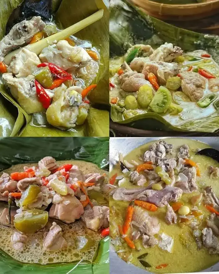 Garang Asem ✨️ Bahan: 500 gram ayam potong 1 buah jeruk nipis 300 ml santan agak kental 3 lembar daun salam 3 lembar daun jeruk 2 batang serai 1 sdm garam 1 sdt gula daun pisang secukupnya Bumbu Iris: 12 siung bawang merah 8 siung bawang putih 5 buah belimbing wuluh 5 buah tomat hijau 2 buah cabai merah besar 10 buah cabai rawit (secukupnya) Cara Membuat: ✅️Cuci bersih ayam, lumuri dengan jeruk nipis dan garam, diamkan selama 15 menit lalu bilas bersih. Rebus sebentar ayam selama 10 menit agar bisa membuang sisa darah, lemak dan kotorannya. Tiriskan. ✅️Panaskan daun pisang sebelum digunakan, lalu lap permukaannya dengan kain bersih. Rebus santan bersama daun salam, daun jeruk, lengkuas, serai, garam, dan gula. Aduk agar tidak mendidih dan pecah. ✅️Masukkan ayam dan air secukupnya, masak hingga ayam matang dan mulai empuk. Tes rasa, jika sudah pas, angkat. Rasanya harus cenderung asin ya, karena nanti akan dicampur belimbing wuluh dan tomat hijau, pastinya kadar asinnya akan berkurang. ✅️Ambil daun pisang secukupnya, tata semua bumbu iris lalu ayam dan tuang santan secukupnya. Bungkus. Lakukan hingga habis.  Kukus selama 20-30 menit, angkat.