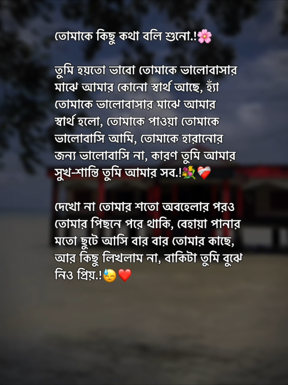 তোমাকে কিছু কথা বলি শুনো.!🌸 তুমি হয়তো ভাবো তোমাকে ভালোবাসার মাঝে আমার কোনো স্বার্থ আছে, হ্যাঁ তোমাকে ভালোবাসার মাঝে আমার স্বার্থ হলো, তোমাকে পাওয়া তোমাকে ভালোবাসি আমি, তোমাকে হারানোর জন্য ভালোবাসি না, কারণ তুমি আমার সুখ-শান্তি তুমি আমার সব.!💐❤️‍🩹 দেখো না তোমার শতো অবহেলার পরও তোমার পিছনে পরে থাকি, বেহায়া পানার মতো ছুটে আসি বার বার তোমার কাছে, আর কিছু লিখলাম না, বাকিটা তুমি বুঝে নিও প্রিয়.!😓❤️#foryourpage #foryou #trending #viral #munim_01 