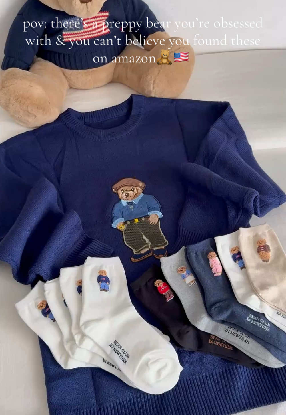 Linked in bio on amazon storefront!🧸 Seriously can’t believe this bear sweater & socks are Amazon!!😍 sweater is so soft and the bear is actually embroidered!! Did XL for oversized fit! And how cute are the outfits on the bear socks!?🇺🇸 #bearsweater #polobear #ralphlauren #ralphlaurenaesthetic #poloralphlauren #oldmoneyaesthetic #preppy #amazonfinds #amazonfashion #amazonmusthaves #nancymeyers 