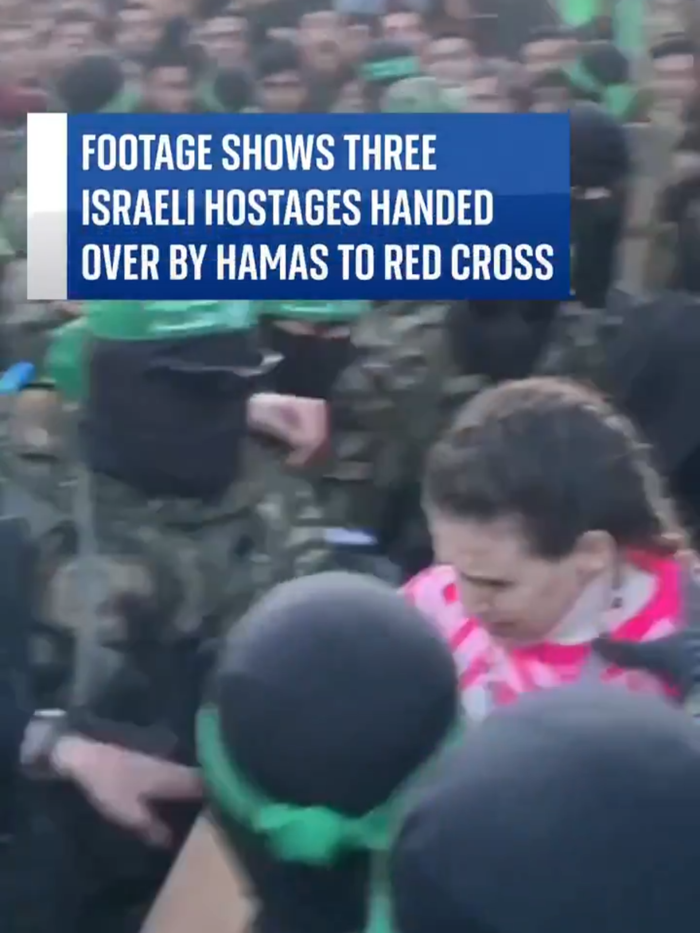 This is the moment the three #Israeli hostages - Emily Damari, Romi Gonen, and Doron Steinbrecher - were transferred to the #RedCross by Hamas in #Gaza City.