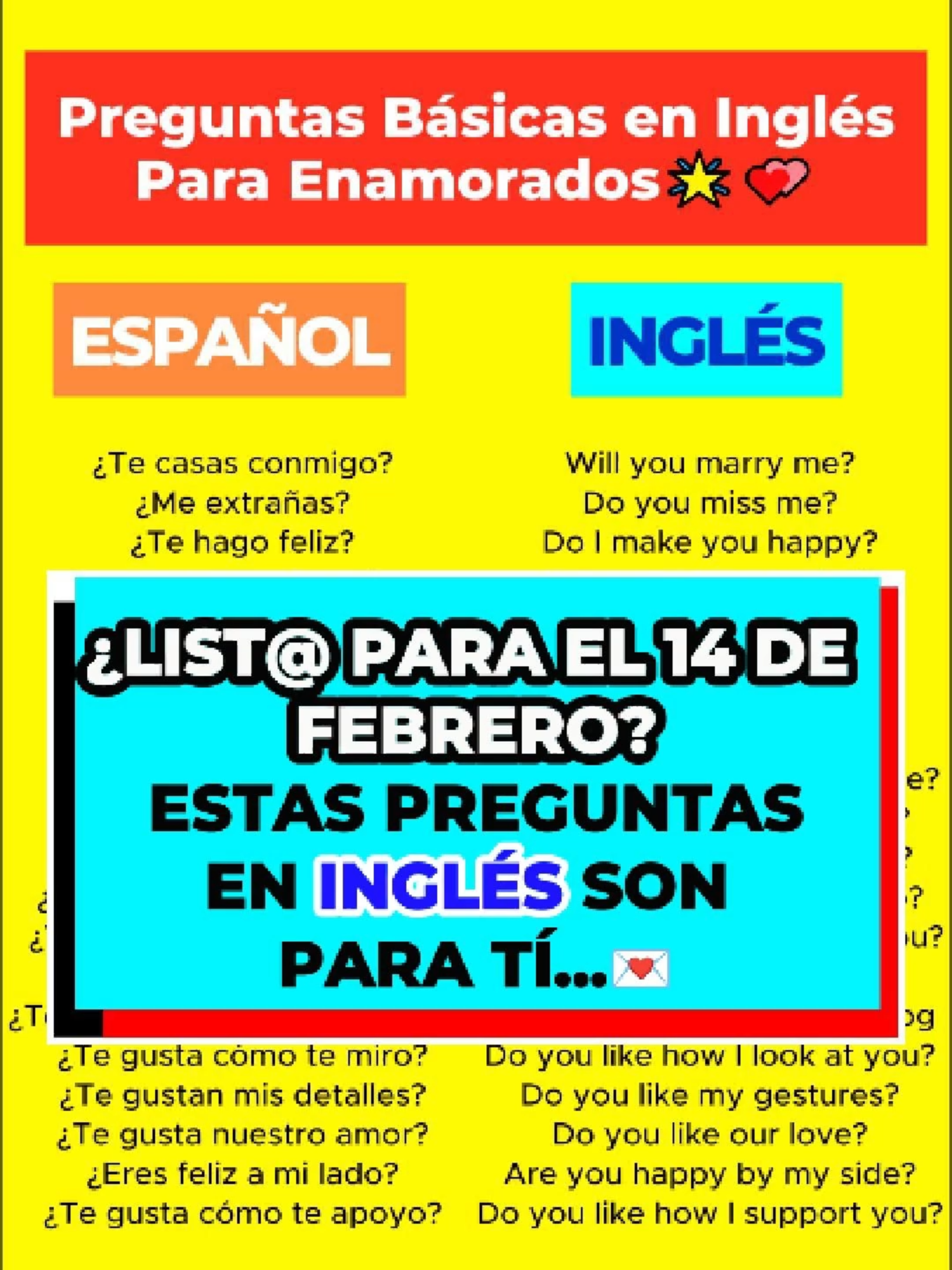 🌹¡Inglés para este 14 de febrero!🌹 PREGUNTAS BÁSICAS🌟 Estas preguntas en #inglés harán que tu amor crezca aún más #aprenderingles #english #preguntaseningles #aprenderinglés #14defebrero2025 #sanvalentin #pronunciacioneningles