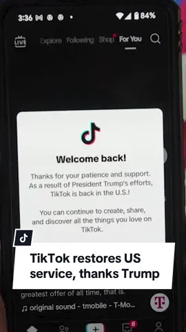 TikTok has restored service in the United States after briefly going dark, as a law banning the app on national security grounds came into effect. TikTok credited President-elect Donald Trump, who retakes power on Tuesday AEDT, for making the reversal possible – though the outgoing administration of President Joe Biden had earlier said that it would not enforce any ban. 🔗 See the link in our bio for more⁣  #tiktok #trump #donaldtrump #biden #joebiden #tiktokban 