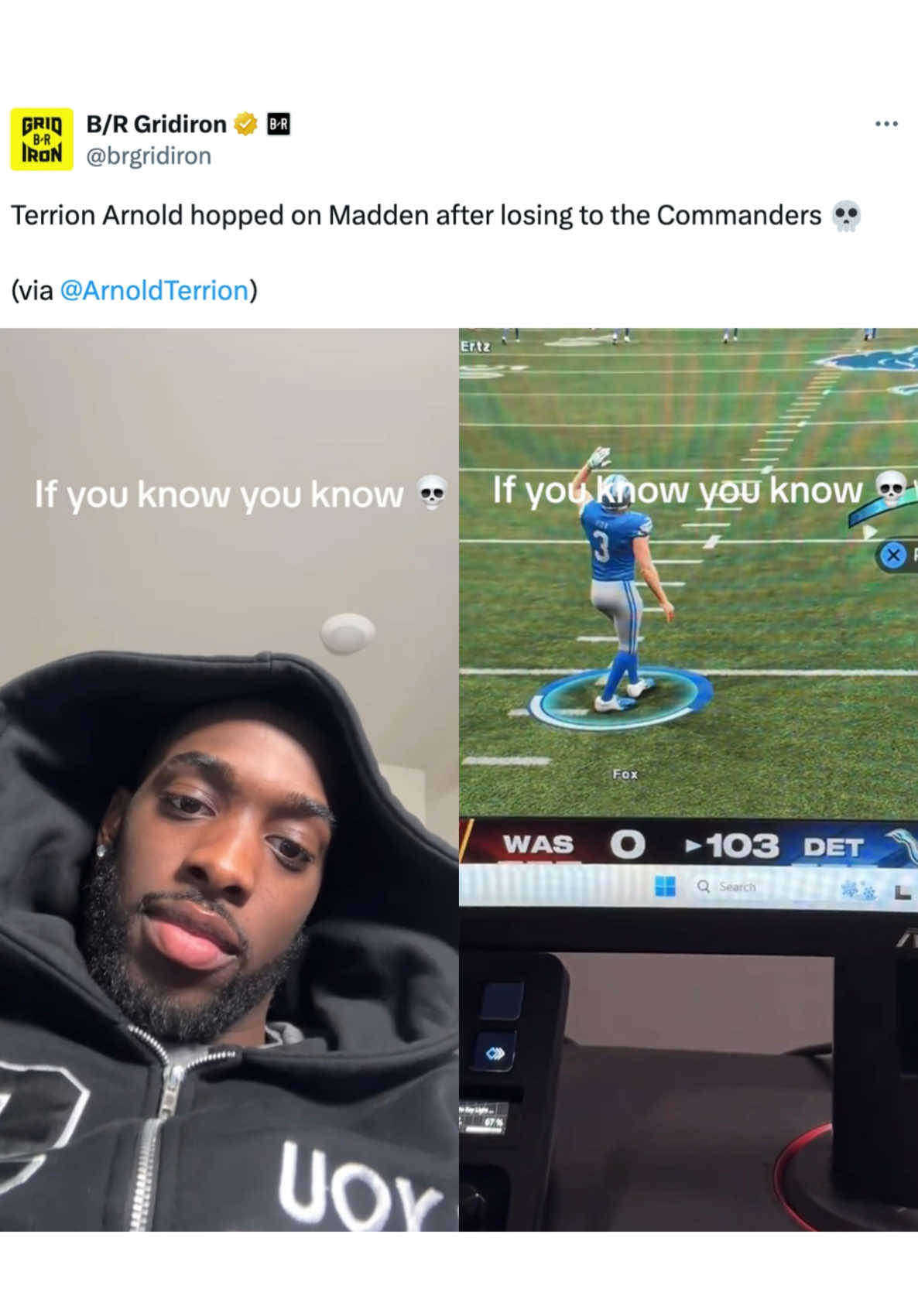 Terrion Arnold hopped on Madden after losing to the Commanders 💀 (via @ArnoldTerrion) #nfl #lions #madden #football 