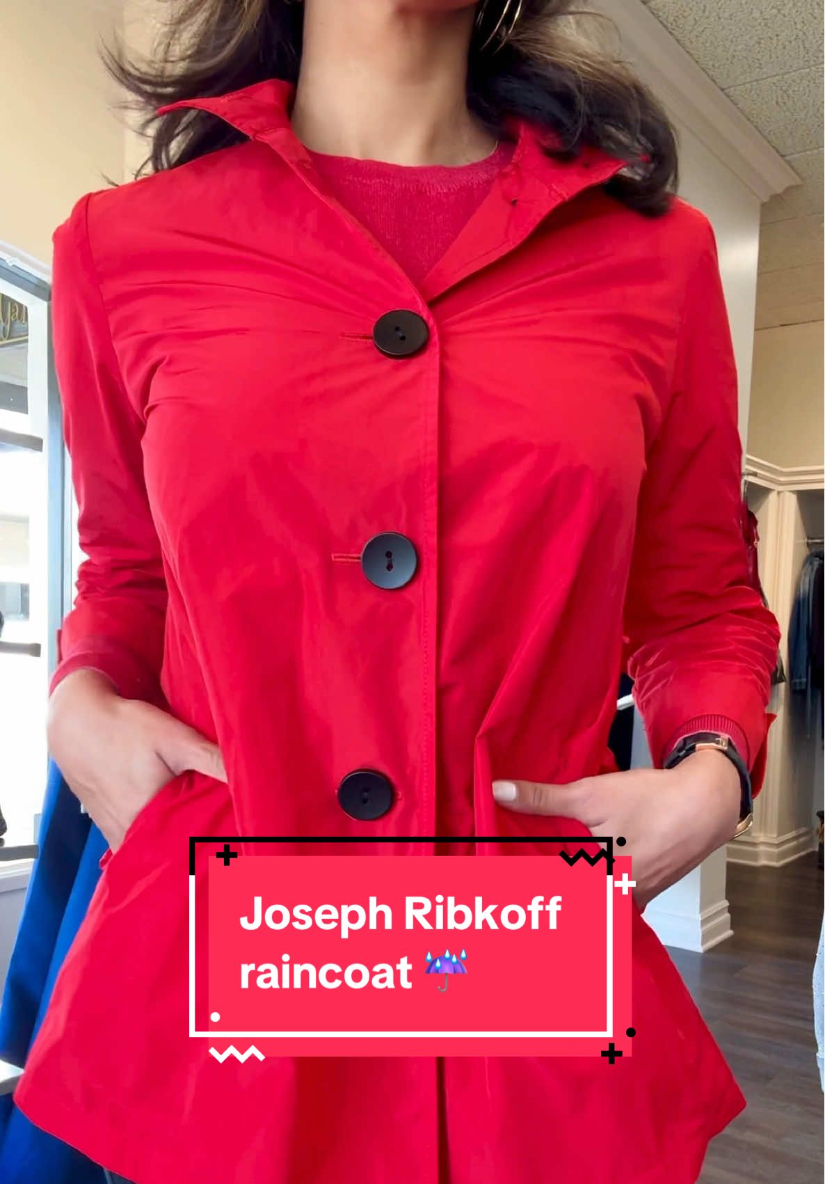 Love this red raincoat by Joseph Ribkoff! ☔️ 💕 The buttons are so cute! And it feels amazing. Roomy and the perfect length.    Style 251018   #josephribkoff #josephribkoffjackets #josephribkoff2025 #madeincanada 