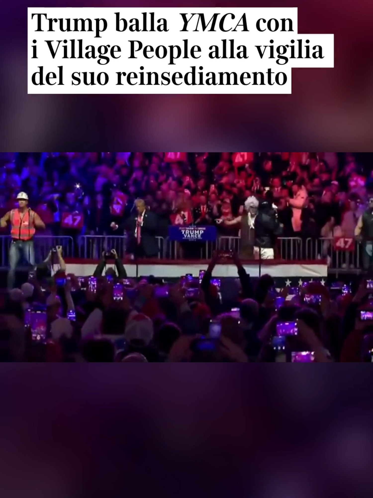 Show alla Capital One Arena di di Washington per l'ultimo comizio di Donald Trump da presidente-eletto.   Al termine dell'intervento del tycoon sono arrivati i Village People per cantare la celebre hit YMCA. Insieme a loro sul palco anche Trump, che ha ballato con la band. 👉 Video disponibile anche sul sito del Corriere #donaldtrump #ymca #villagepeople #ballo #corrieredellasera #notiziedelgiorno