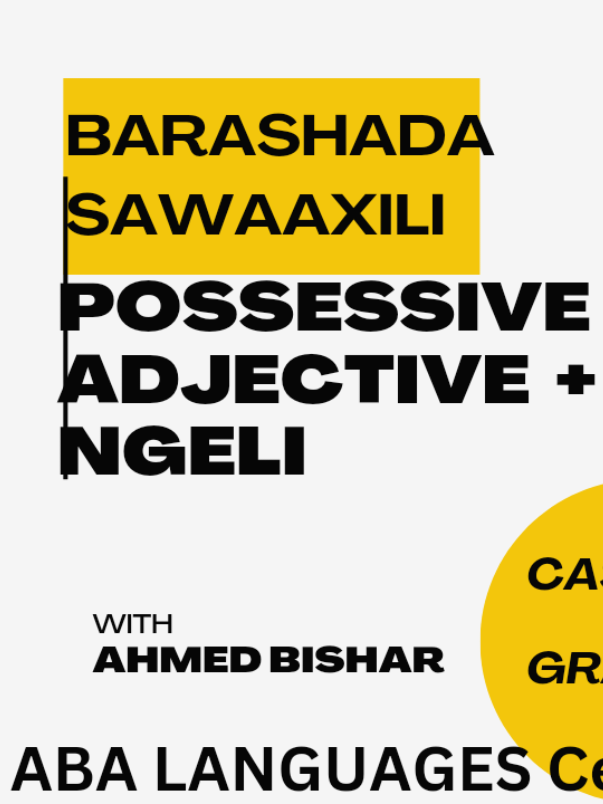 Barashada Sawaaxiliga  maanta Waxaa Baran donaa lahaanshaha Sawaaxiliga ayadoo la raacayo ngeli Ga Kiswahiliga. waxaa rajeenayaa in wax badan aad ka Fahmi doontaan #Barashada #swahili #mogdishu #banadir #somaliya #eastleigh #congo #uganda #putland #somaliland #mandera 