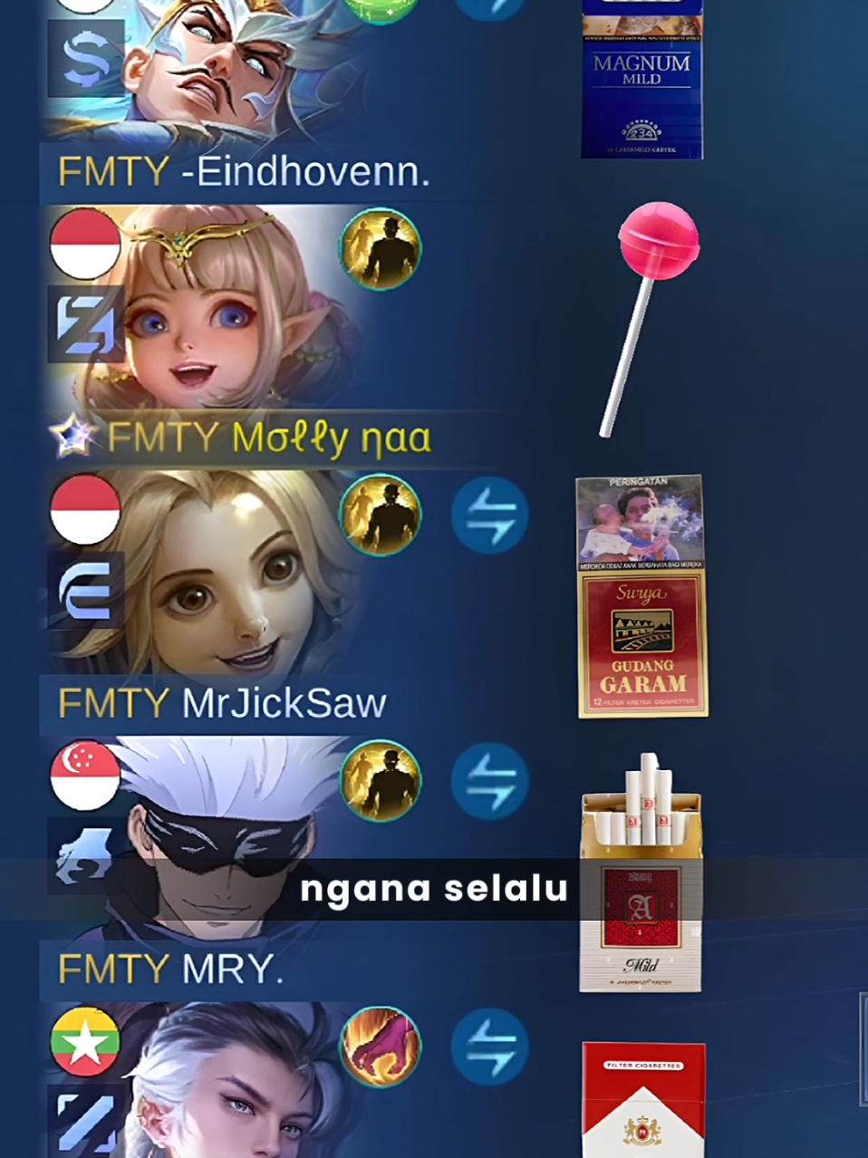 Full squad FMTY 🍭 @mry.fmty @g1mdn   #trendmlbb #draftpick #creatormlbb #fypシ゚  #squadmlbb #mobilelegends_id 