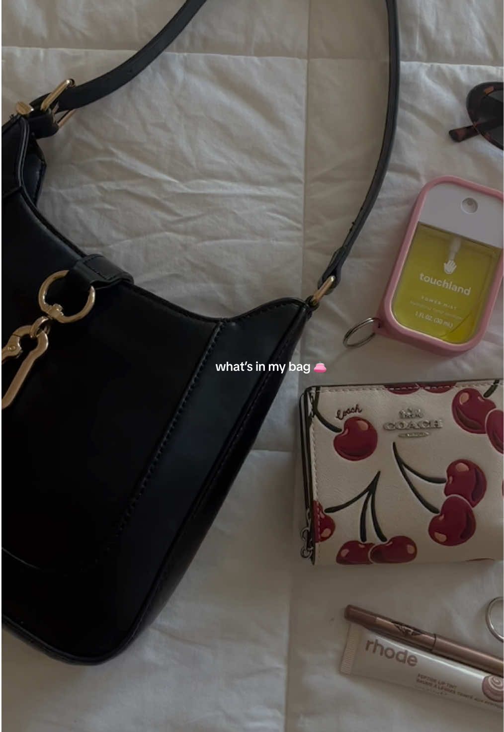 👛🍒 #whatsinmybag #coachcherrycollection #rhode #bellahadid #vogue #bagaesthetic #touchland #coachwallet #loccitane 