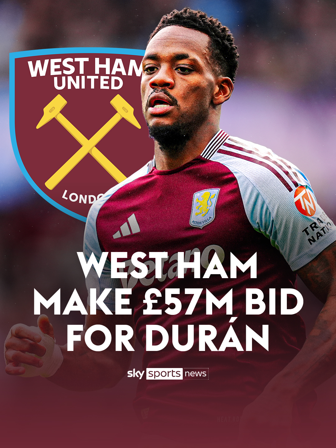 West Ham United have made a bid worth £57m plus add-ons for Aston Villa striker Jhon Duran 🚨