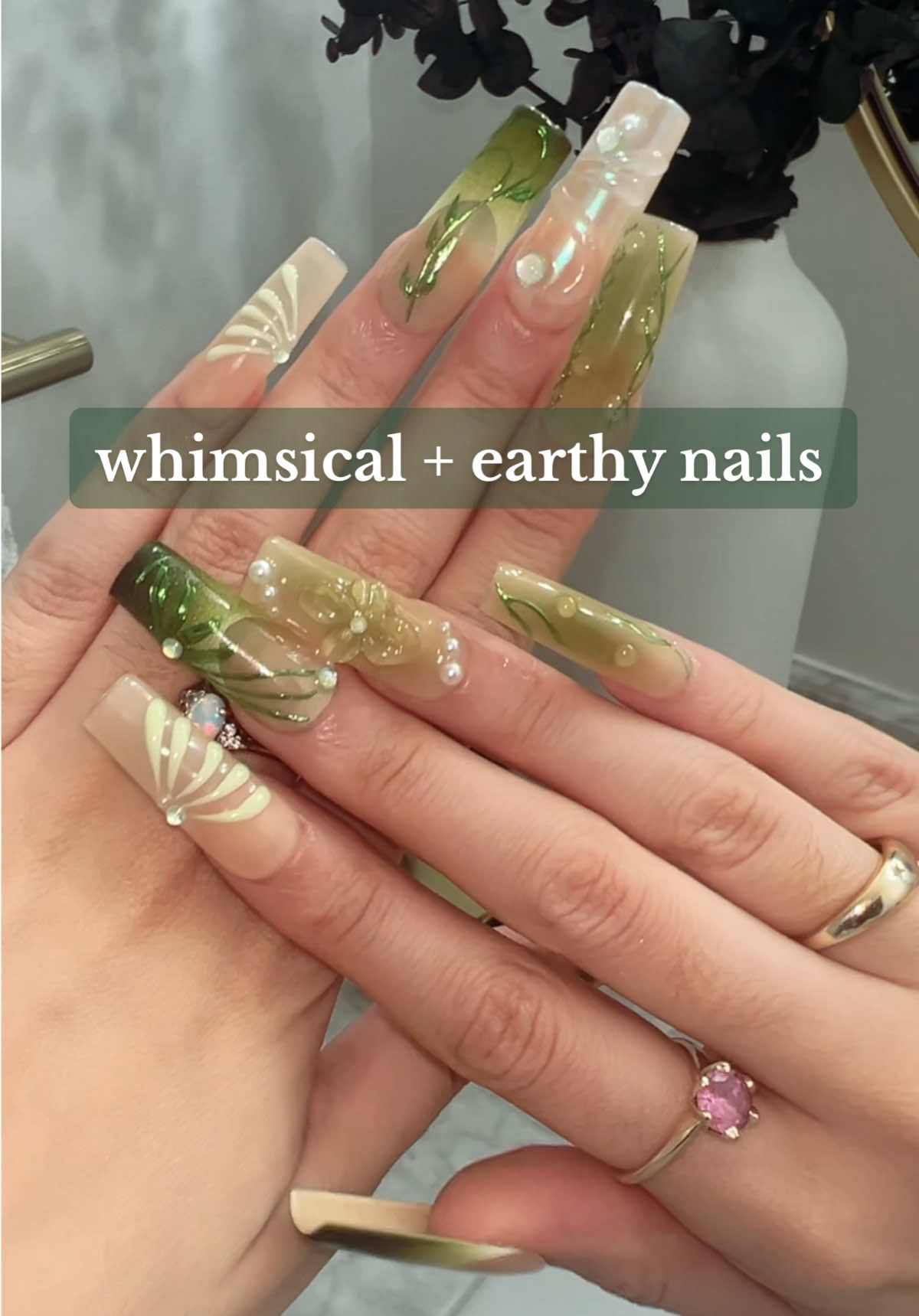 handmade press ons >>> 🌱🌿 mix of earthy & whimsical #nails #cute #forest #fairy #art  