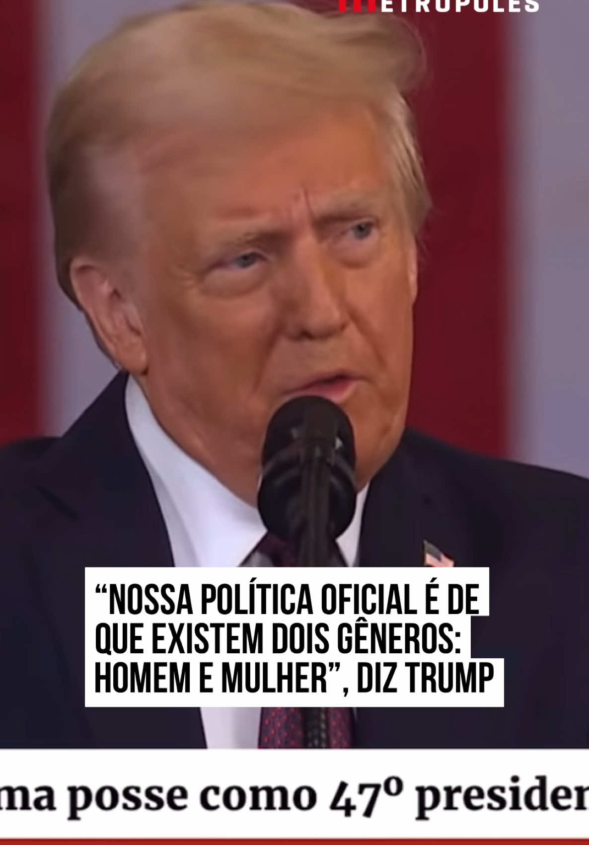 “Nossa política oficial é de que existem dois gêneros: homem e mulher”, diz #Trump. Presidente dos #EstadosUnidos afirmou em seu discurso de posse que a sociedade americana não enxergará cores e vai se basear em mérito. #TikTokNotícias 