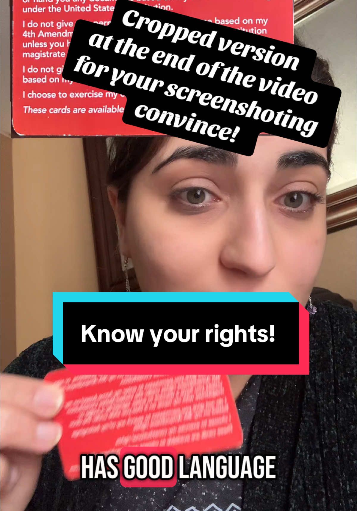 Know your rights!  Language on the card:  I do not wish to speak with you, answer your questions, or sign or hand you any documents based on my 5th Amendment rights under the United States Constitution. I do not give you permission to enter my home based on my 4th Amendment rights under the United States Constitution unless you have a warrant to enter, signed by a judge or magistrate with my name on it that you slide under the door. I do not give you permission to search any of my belongings based on my 4th Amendment rights. I choose to exercise my constitutional rights. These cards are available to citizens and noncitizens alike. www.RedCardOrders.com #greenscreensticker #knowyourrights #donttalktocops #immigrattion #ice 