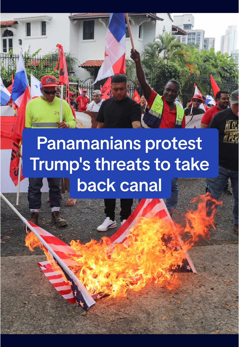 Demonstrators in Panama torched US flags in protests of US President Donald Trump, who repeated his threat to regain control of the Panama Canal during his inaugural speech.  #DonaldTrump #USA #PanamaCanal