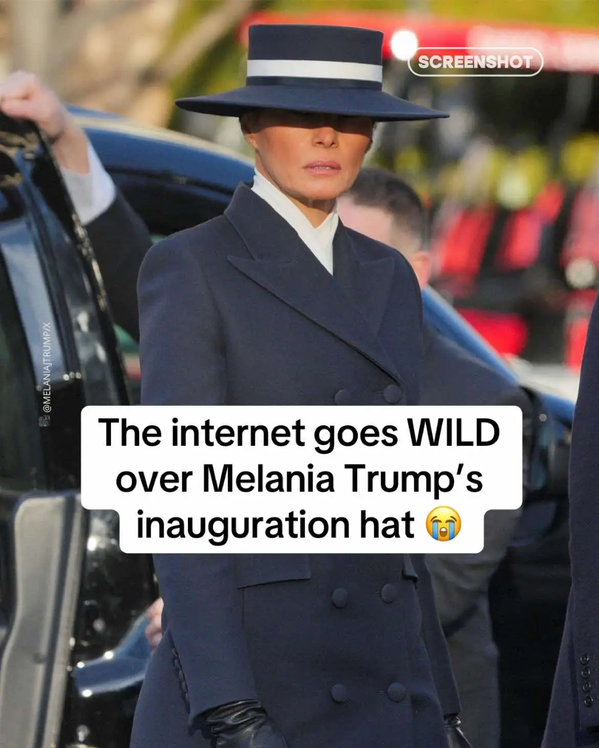 Melania Trump’s Inauguration Day outfit, featuring a tailored dark blue coat and a wide-brimmed boater hat by Eric Javits, quickly became meme material online. Swipe to see the best reactions to The First Lady’s striking fashion choice ➡️ #melania #trump #inauguration #fashion #memes #internetreacts #fyp 