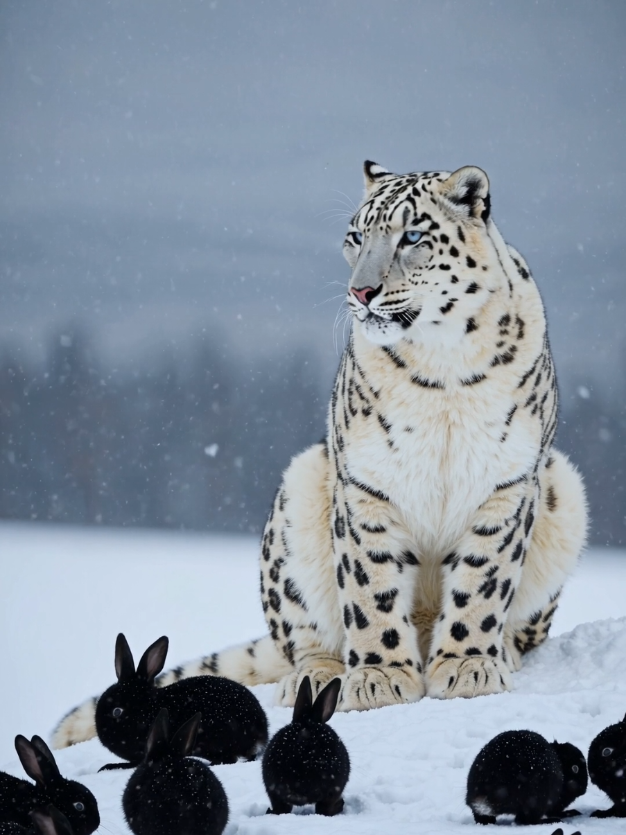 Snow Leopard Hybrid, amid a mass of black snow bunnies ❄️ #snowleopard #leopard #snow #snowbunny #bunnies #winter #wildlife #natgeo 