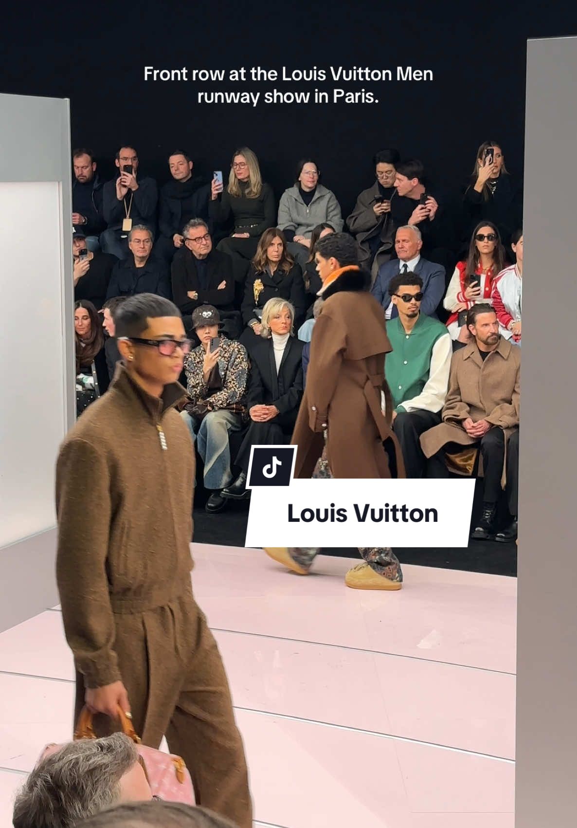 Callum Turner, J-Hope, Bernard Arnault (straight from Trump’s inauguration), Victor Wembanyama and Bradley Cooper watching the Louis Vuitton Men runway show in Paris. #LVMEN #jhope 